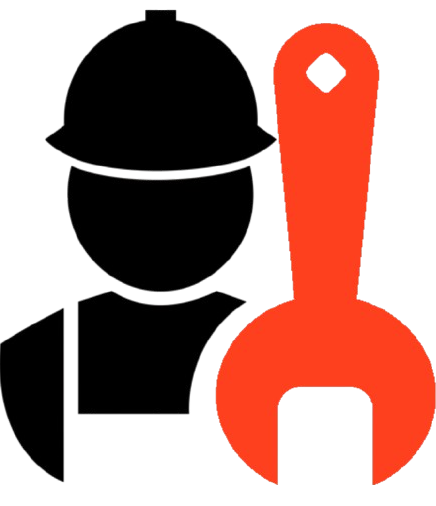 Silhouette of a person wearing a hard hat next to a large orange adjustable wrench.