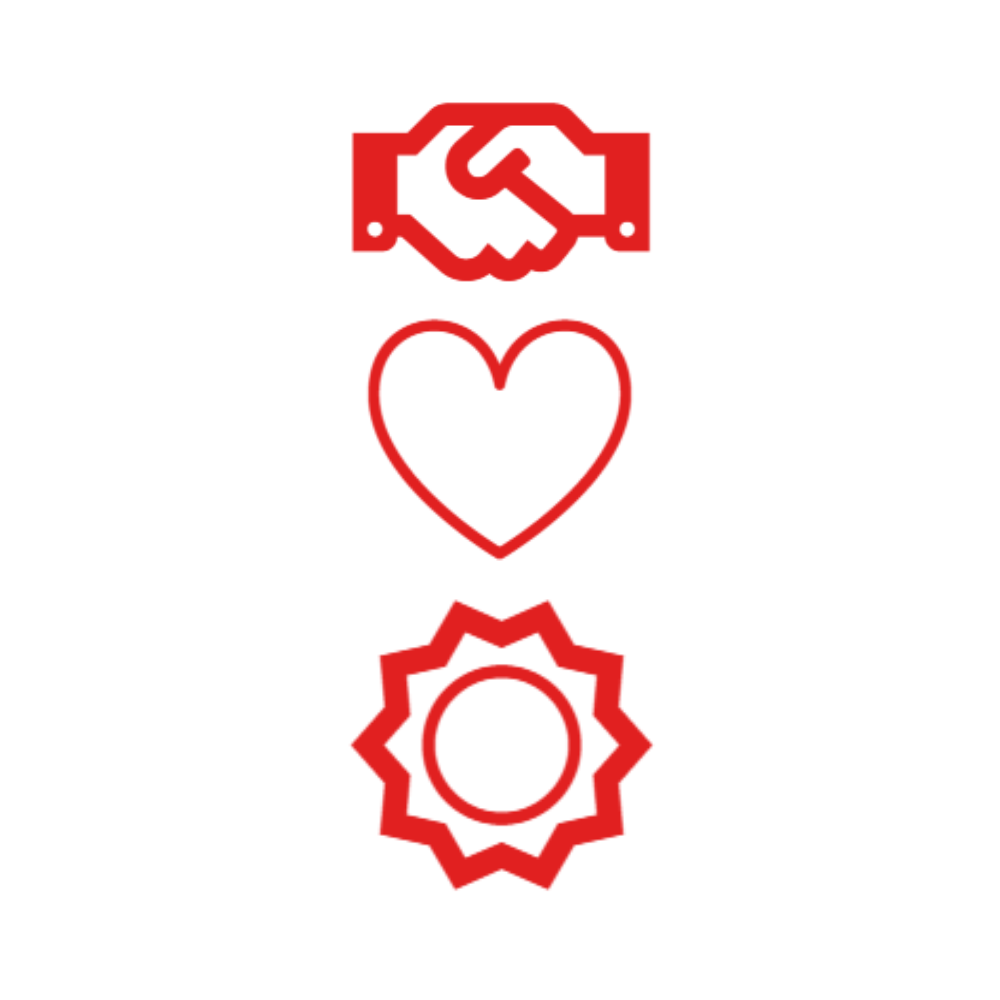 Icons of a handshake, a heart, and a sun or medal, all in red.
