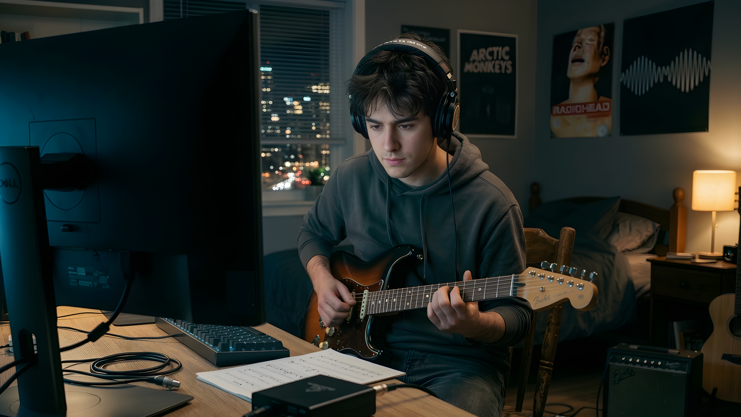 A young man wearing headphones is playing an electric guitar while sitting at a desk in a dimly lit bedroom. He is practicing along to a backing track he accessed at Only Jam Tracks.