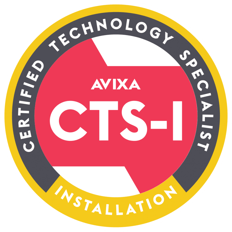 Certification badge with the words "Certified Technology Specialist-Installation" for AVIXA, featuring a circular design with red, gray, yellow, and white colors.