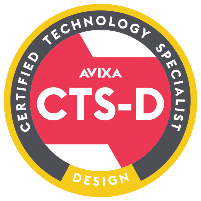 Certification badge with a circular design. The outer ring is yellow with the words 'CERTIFIED TECHNOLOGY SPECIALIST' and 'DESIGN' written on it. The inner circle contains a red map of Texas with the text 'AVIXA CTS-D' in the center.
