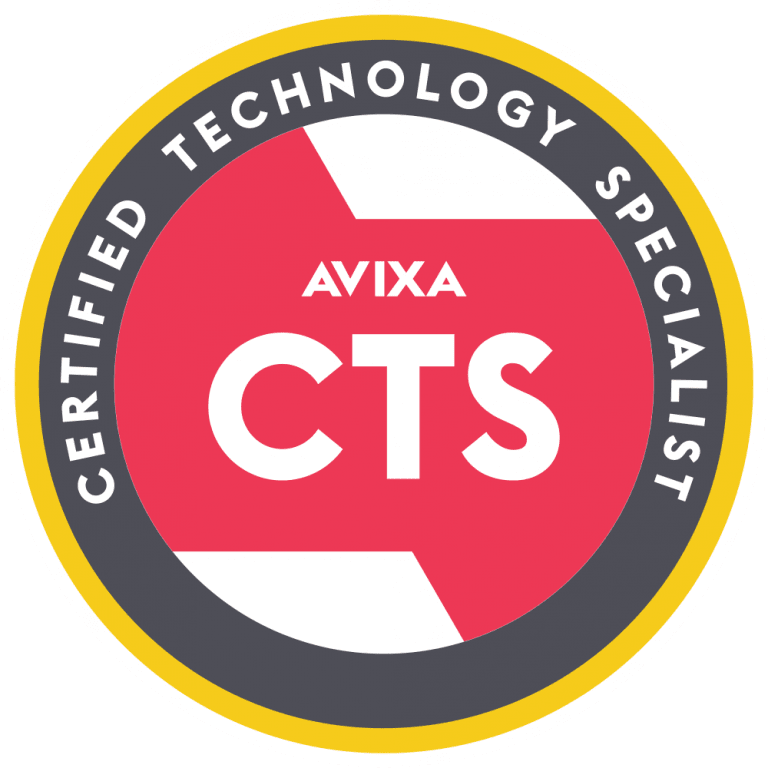 Certification badge with a black and yellow border, featuring the text 'Certified Technology Specialist' around the edge and 'AVIXA CTS' in the center, indicating a professional certification in technology.