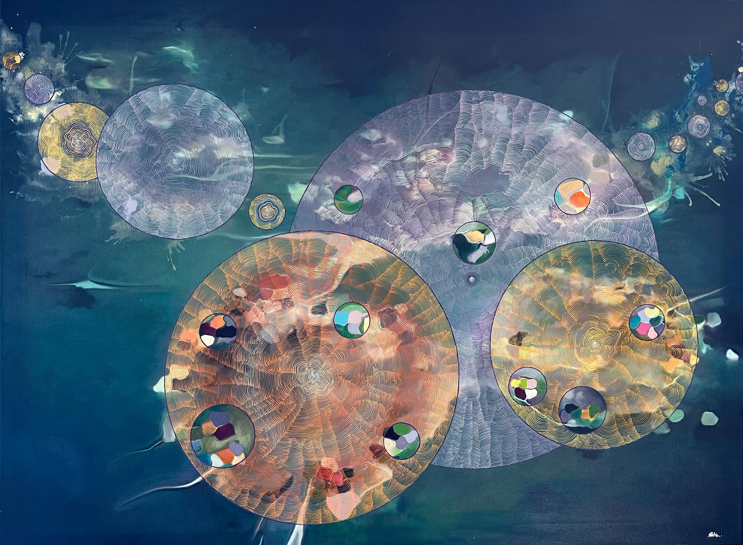 Abstract painting by Tanja Ackerman featuring layered circular forms with intricate line patterns against a deep blue background, creating a celestial, synaesthesia‑inspired sense of depth and motion.