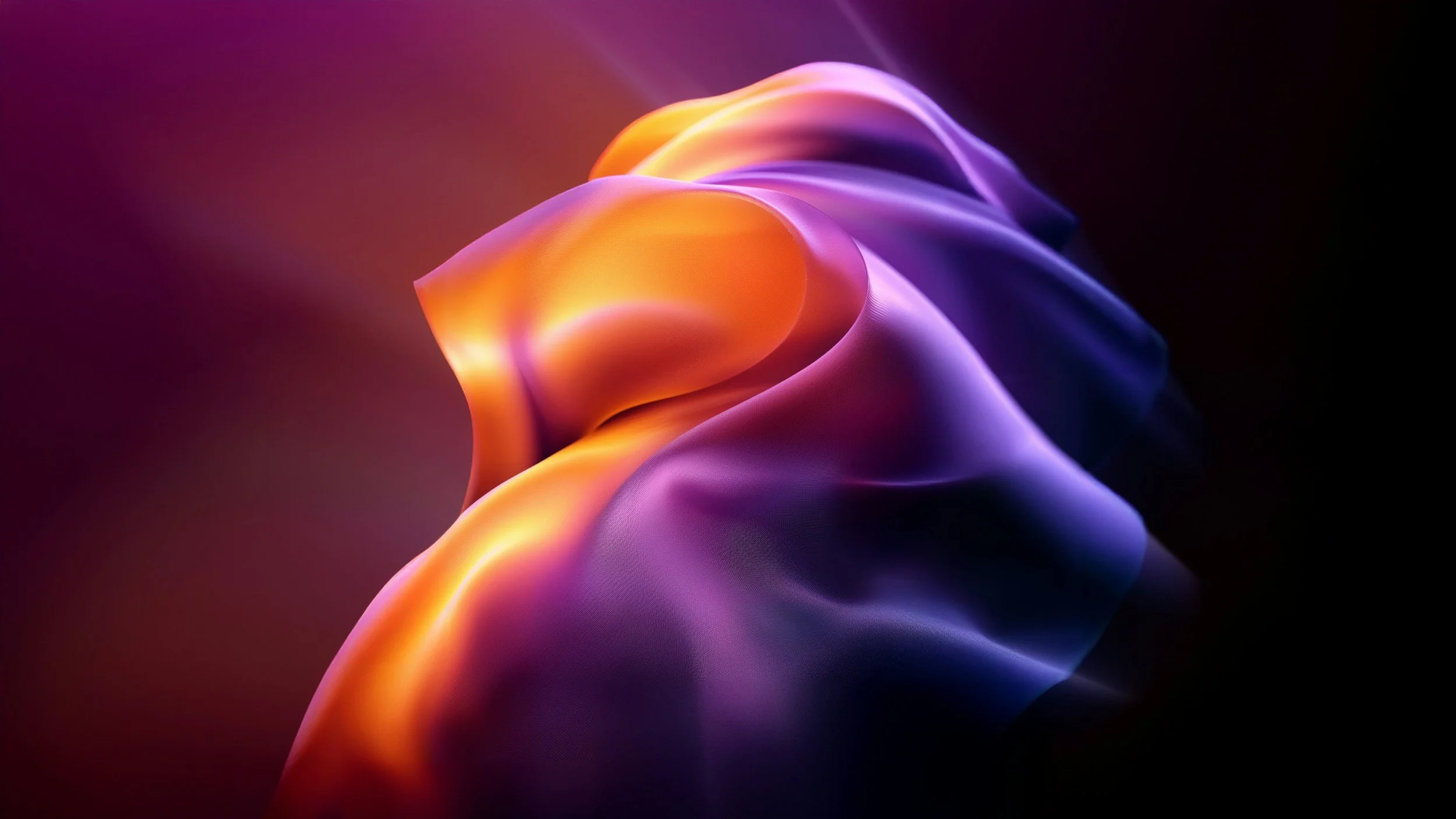 Abstract digital artwork featuring a flowing, ribbon-like shape in vibrant shades of purple, orange, and yellow against a dark background.