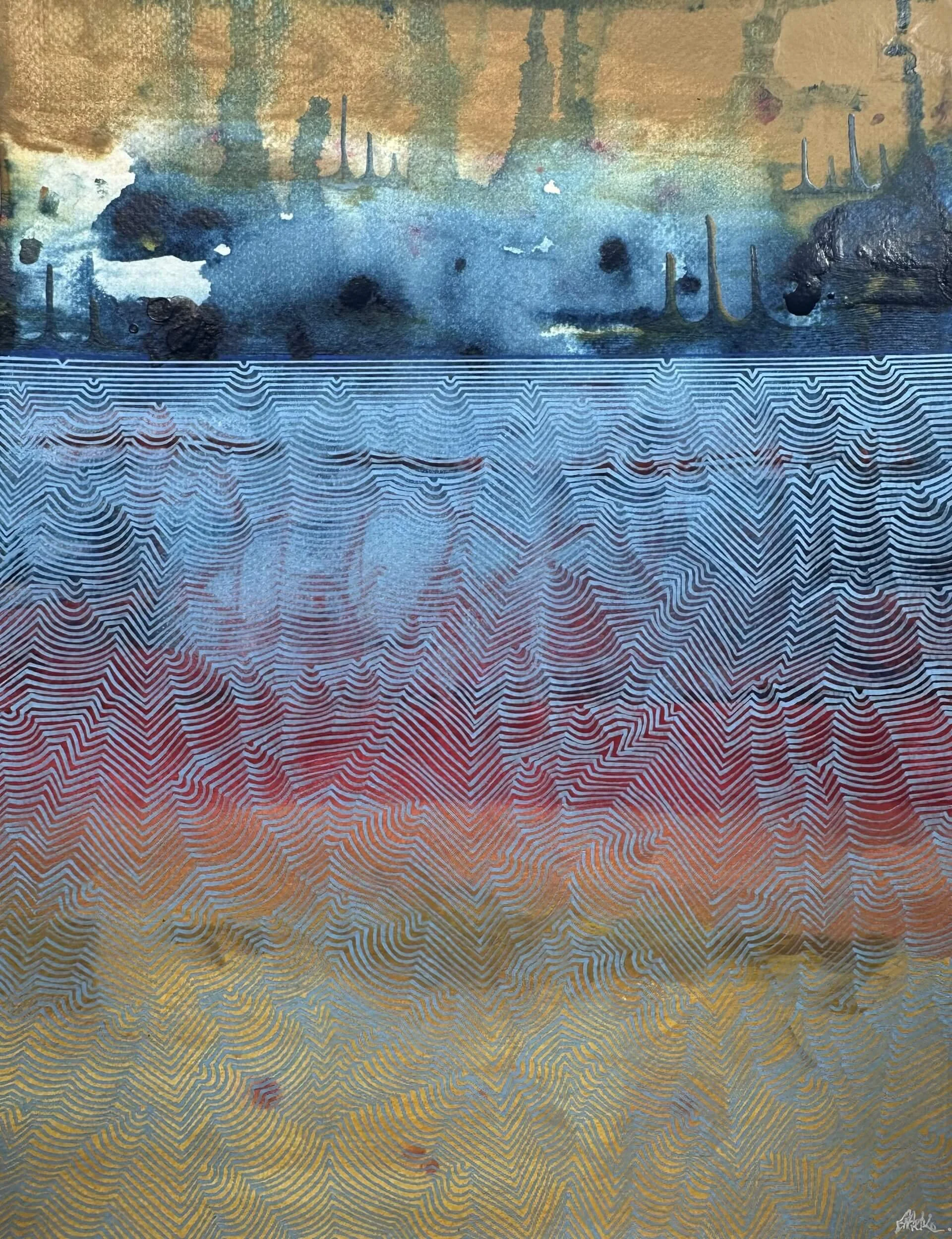 Abstract synaesthesia artwork by Tanja Ackerman with earthy washes, vertical drips and layered blue, red and yellow chevron textures creating rhythmic depth
