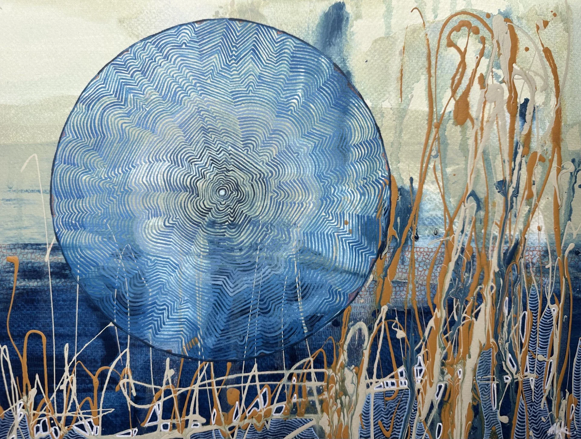 Abstract synaesthesia painting by Australian artist Tanja Ackerman, featuring a large circular form made of intricate blue and white concentric lines, set against layered washes of blue and beige with vertical organic strokes and textured lower patte