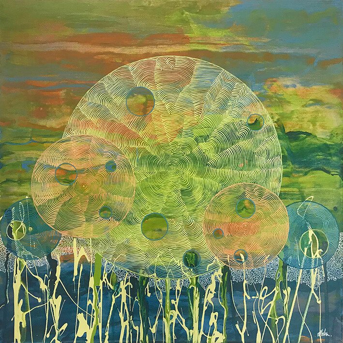 Abstract synaesthesia artwork by Australian artist Tanja Ackerman featuring overlapping circular forms, intricate concentric linework, and organic plant‑like shapes rising from a textured landscape in green, blue, and earthy tones.