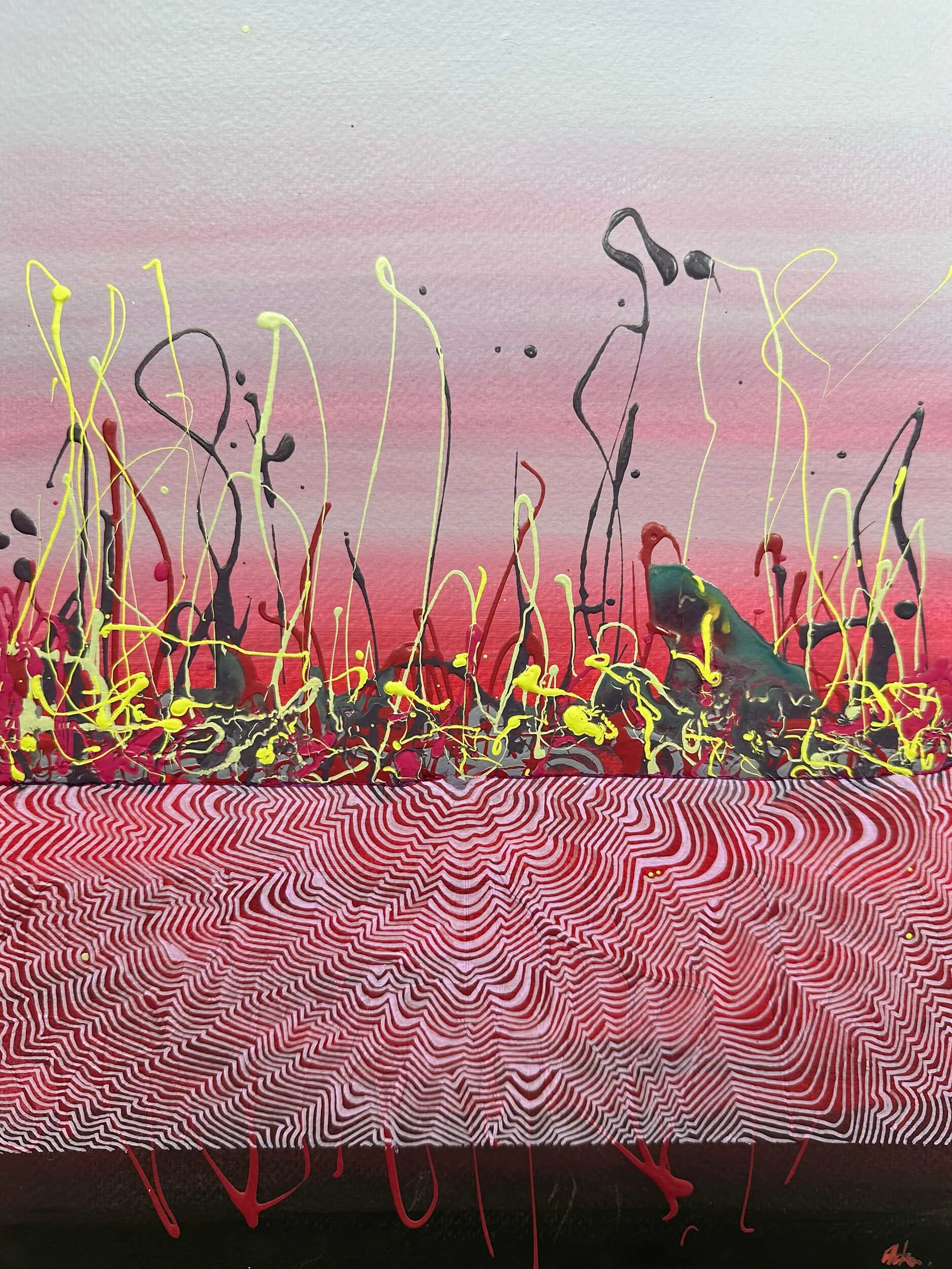 Abstract synaesthesia artwork by Tanja Ackerman with bold pink and  wave lines, energetic splashes and layered textures inspired by Dom Dolla’s bass driven track