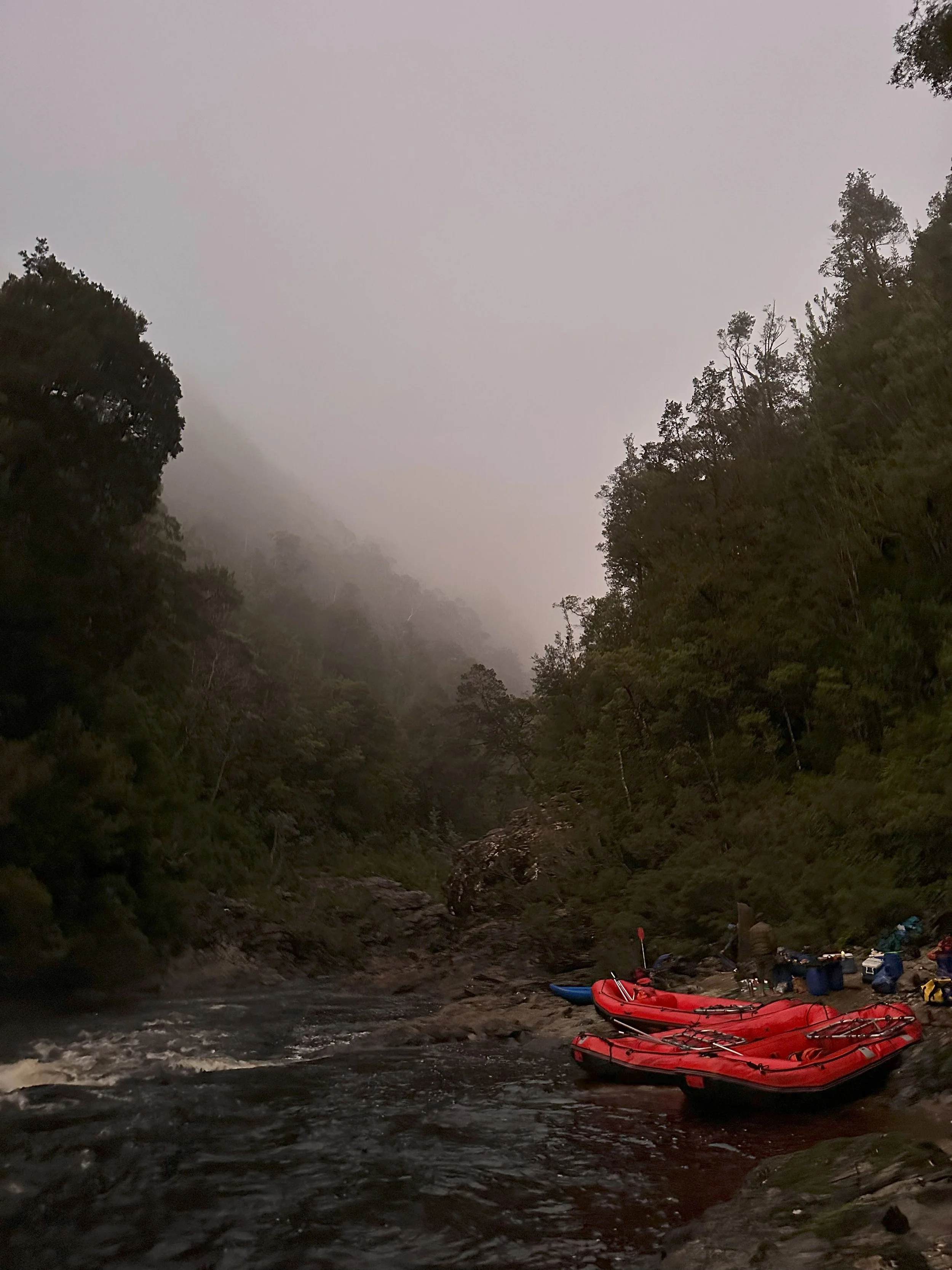 Misty river scene with three red inflatable rafts docked on a rocky bank, surrounded by dense forest and early‑morning fog