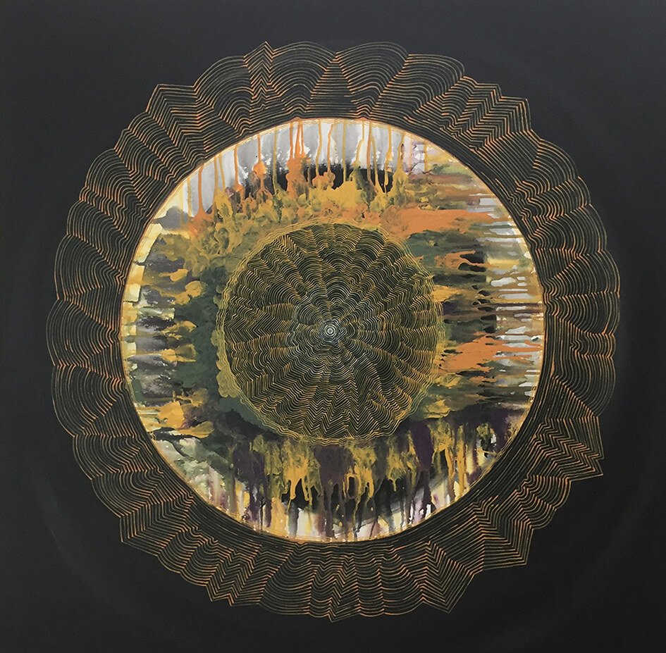 Circular synaesthesia artwork by Australian artist Tanja Ackerman, featuring intricate spiral linework, vibrant colour rings, and fluid organic textures set against a deep black background.