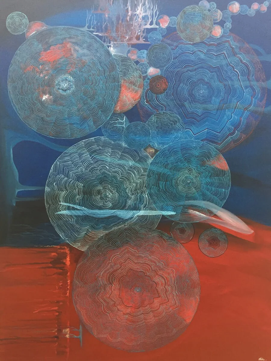 Red blue cello and piano music by Beethoven abstract art with circular forms by Tanja ackerman syneasthesia painting
