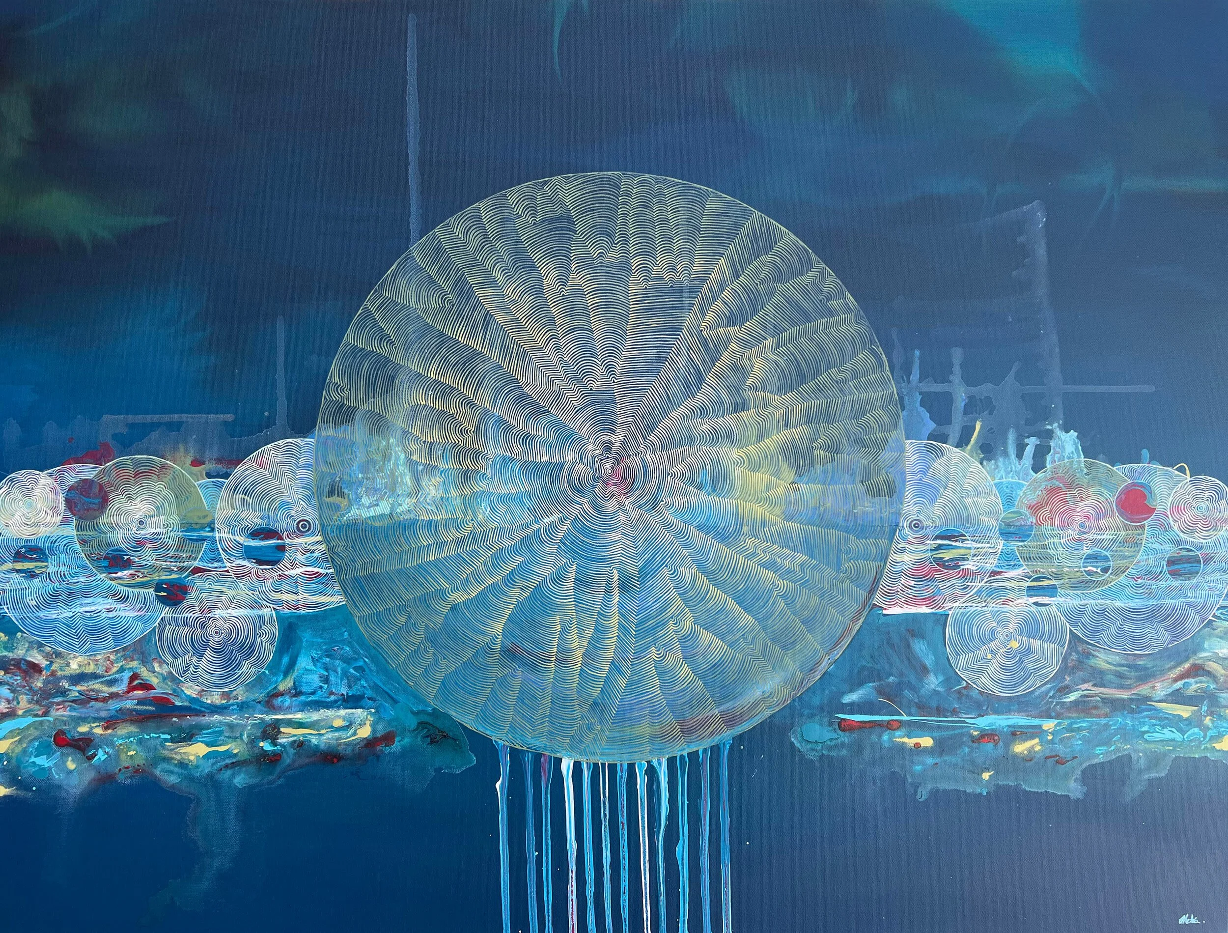 Abstract synaesthesia‑inspired painting by Australian artist Tanja Ackerman, visualising Bob Dylan’s ‘Hurricane’ through layered circular forms, radiating linework, and deep blue colour fields.