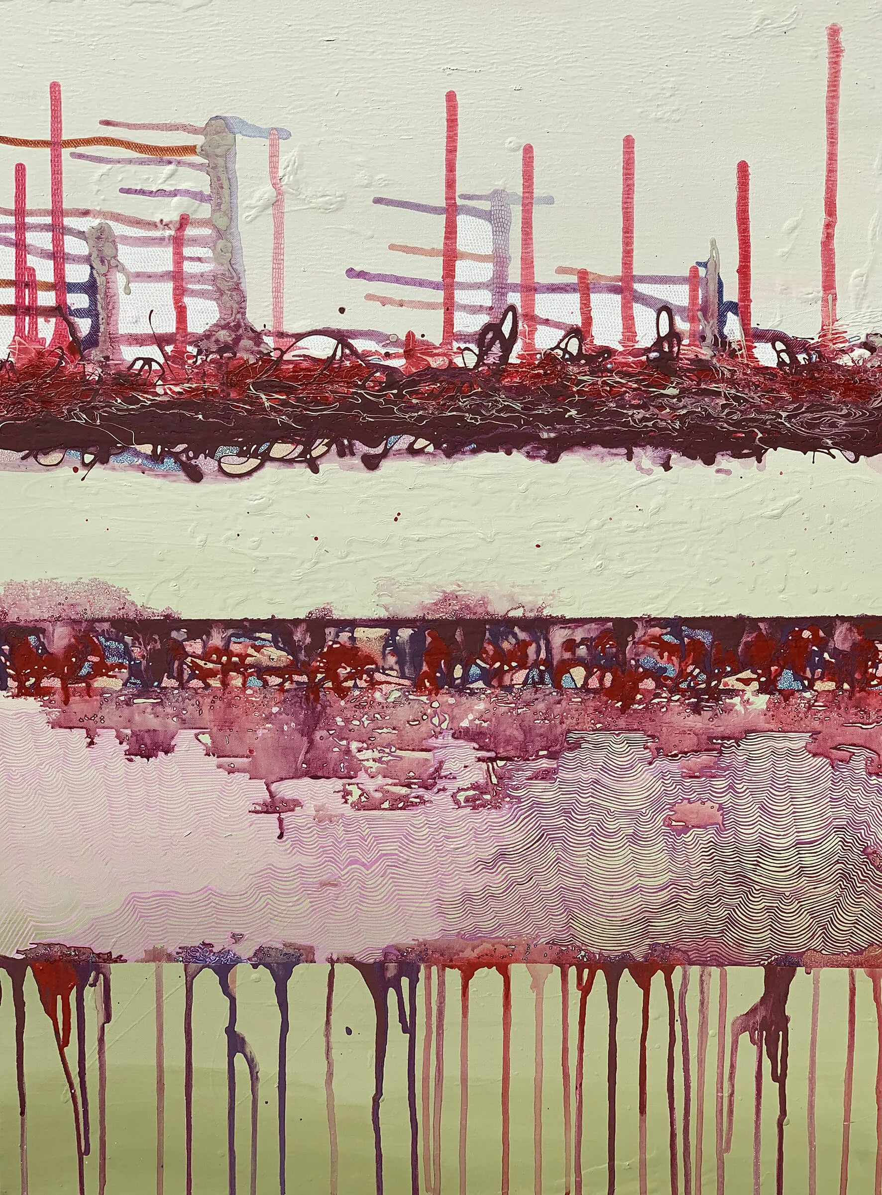 “Abstract synaesthesia painting by Australian artist Tanja Ackerman, featuring layered red, pink, and maroon textures, vertical linework, and fluid drips over soft green and cream tones, inspired by the emotional atmosphere of ‘The Great Gig in the S