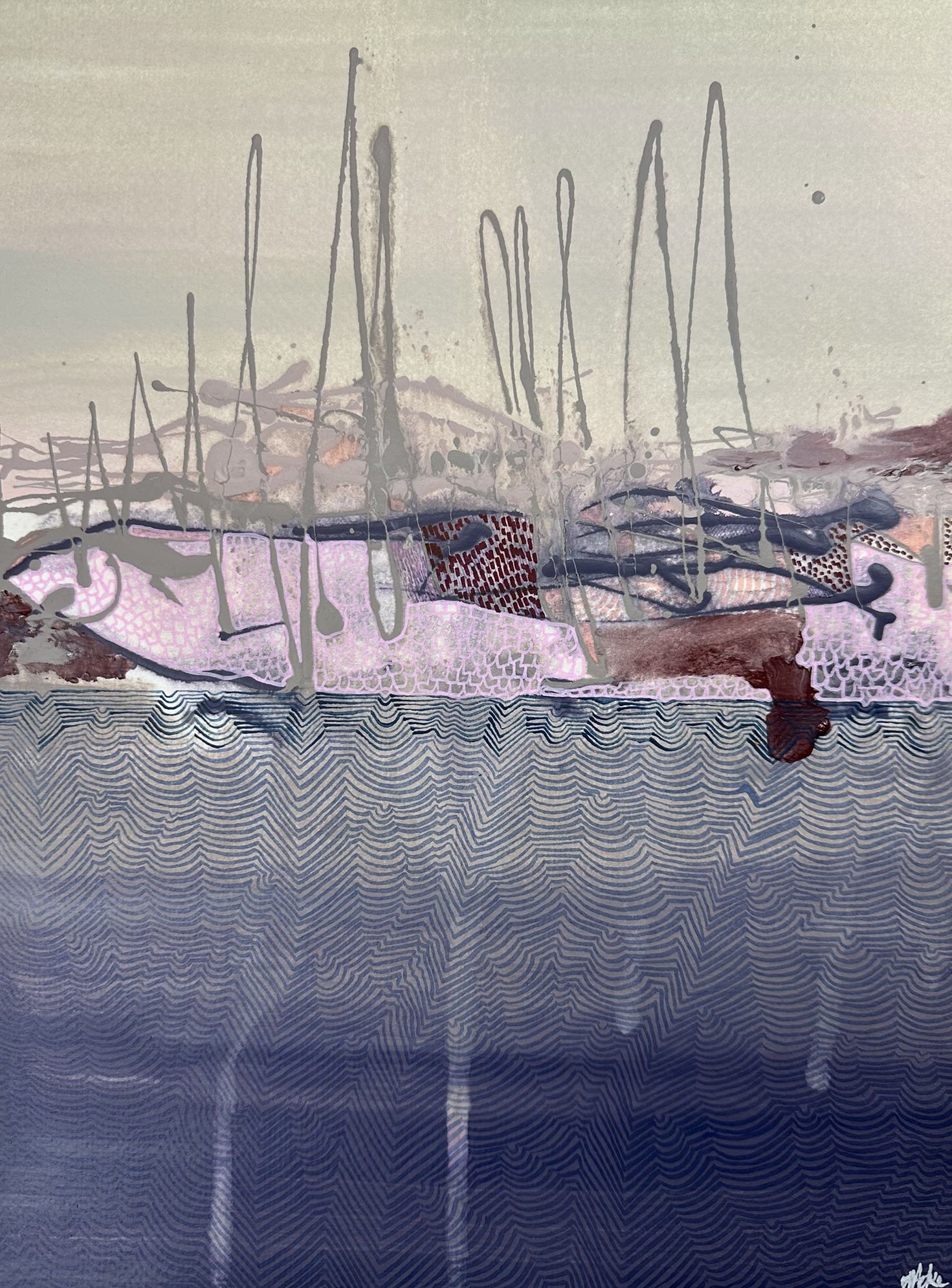 “Abstract synaesthesia artwork by Australian artist Tanja Ackerman featuring layered textures, organic patterns, and deep blue wave‑like forms contrasted with muted tones and vertical drips.