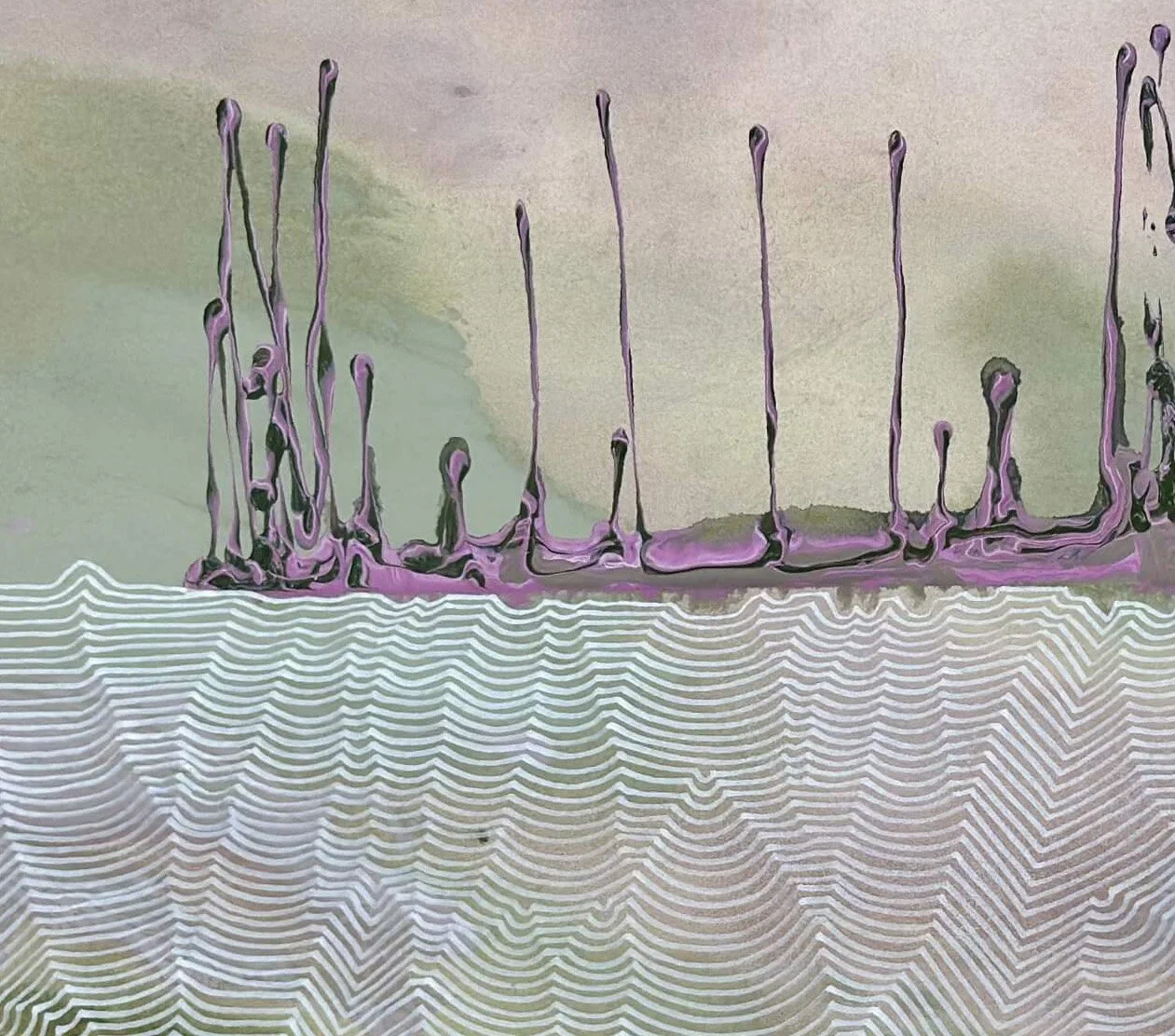 “Abstract painting by Tanja Ackerman featuring vertical purple and black drips above layered white contour‑line patterns, blending fluid movement with structured topographic forms inspired by synaesthetic perception
