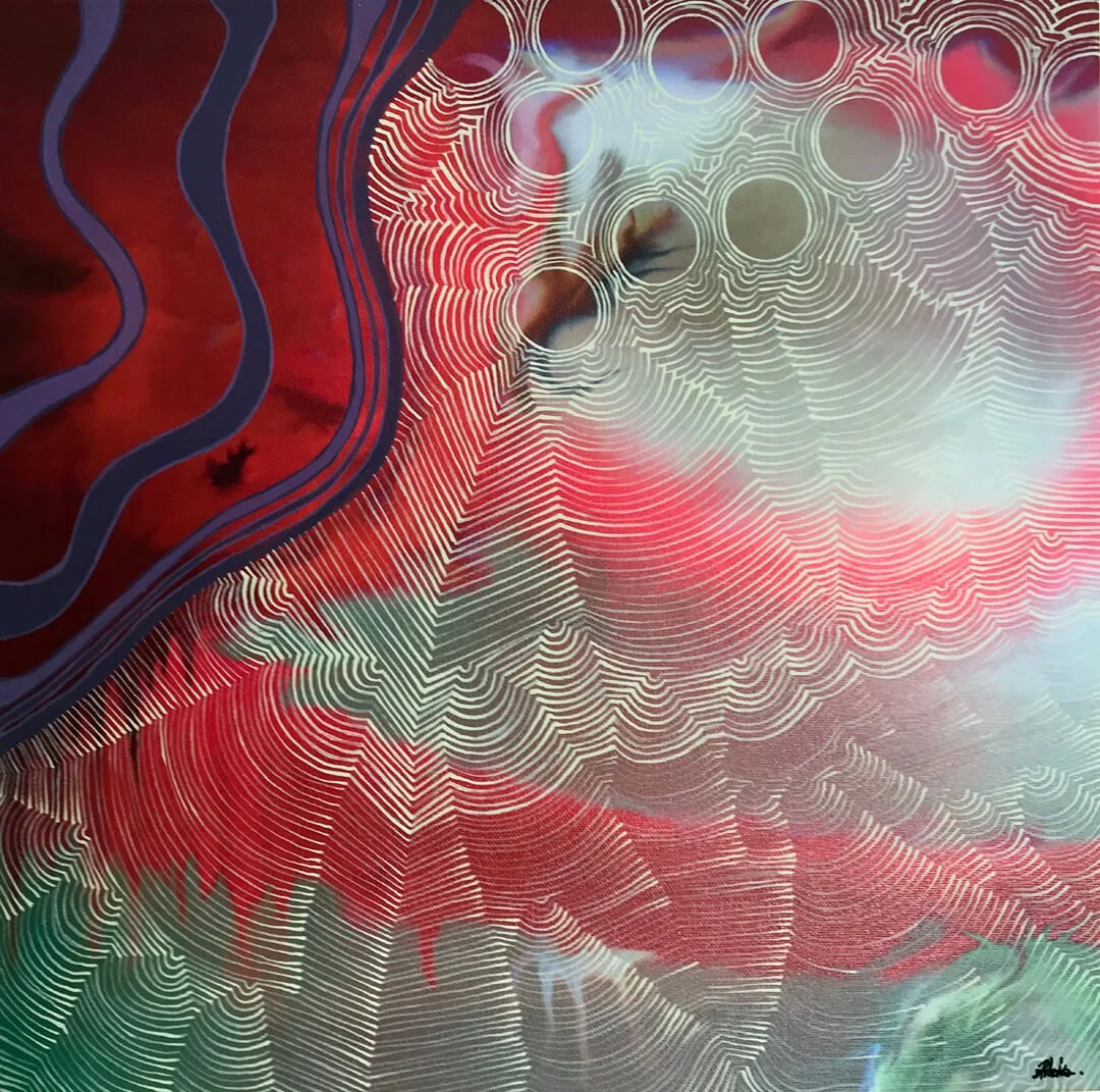 Abstract synaesthesia artwork by Australian artist Tanja Ackerman featuring swirling white contour lines, layered circular forms, and vibrant red, green, and purple textures against a dynamic, fluid composition.