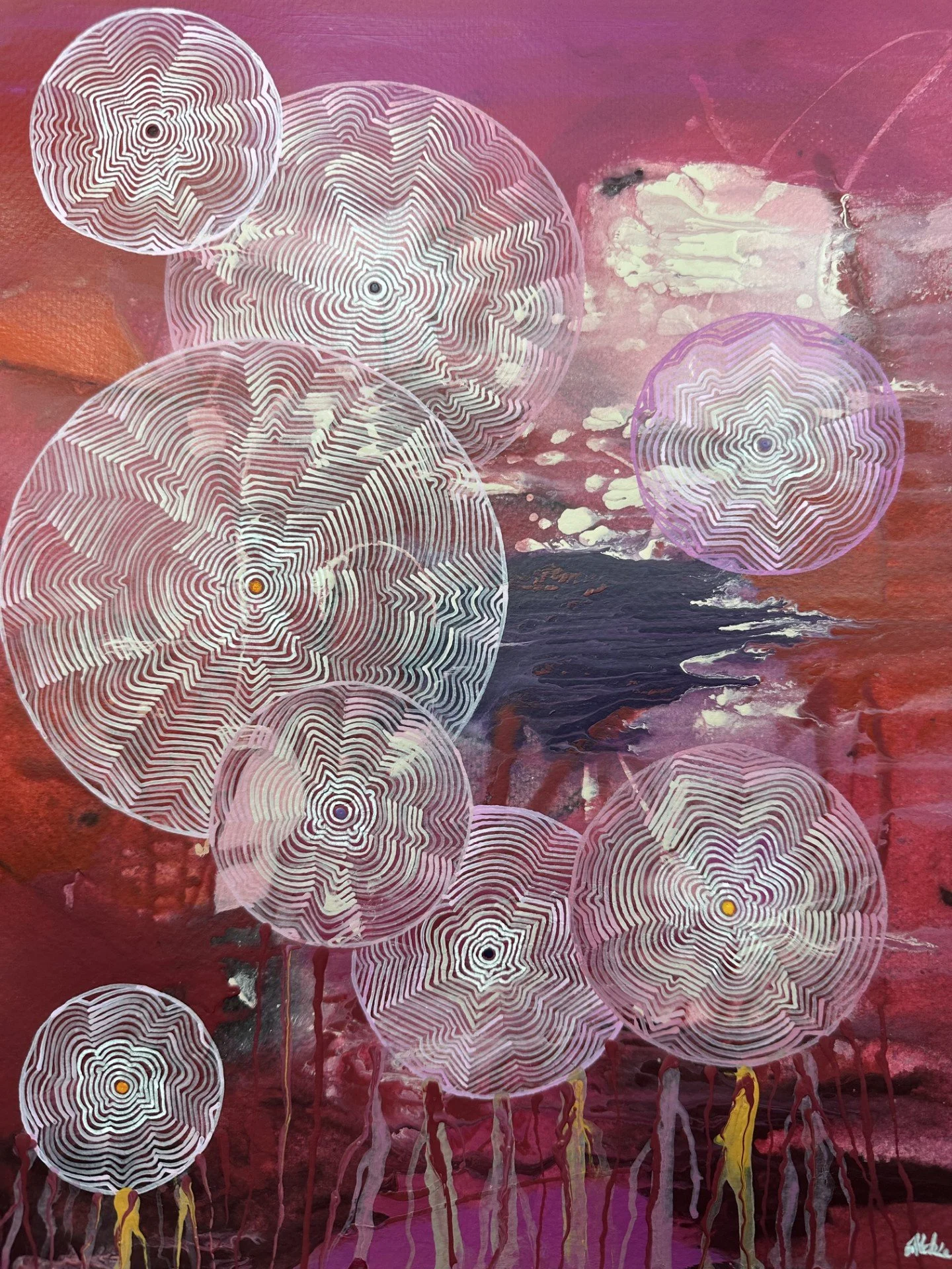 Abstract synaesthesia painting by Tanja Ackerman with pink and white concentric circular forms over red, pink and purple textured background, inspired by BTS’s Swim