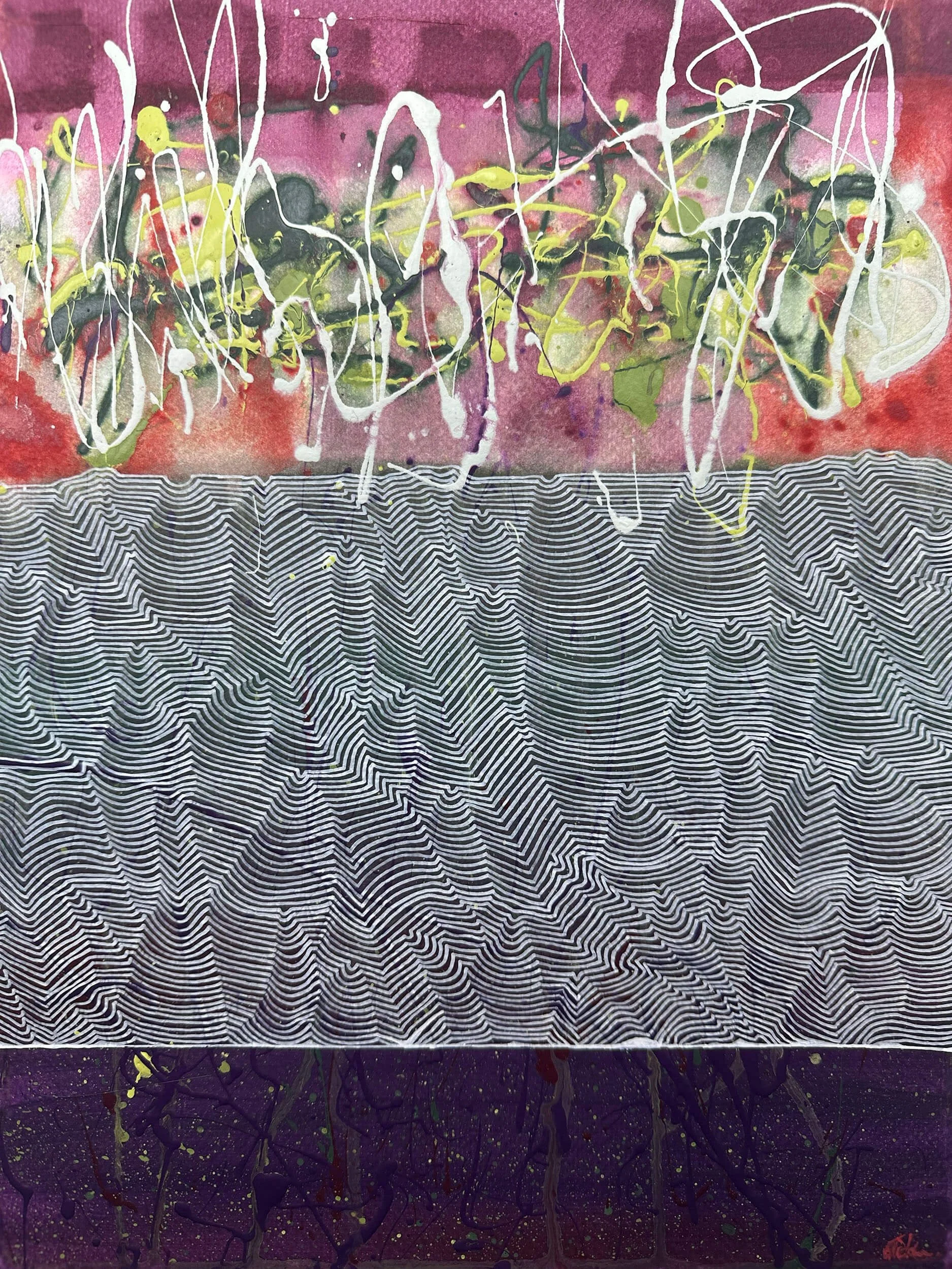 Abstract acrylic painting titled “Dracula” by Tanja Ackerman, featuring layered magenta, red, and purple tones with expressive paint splatters and dripping white lines above intricate black-and-white wave patterns, inspired by music and synaesthesia.