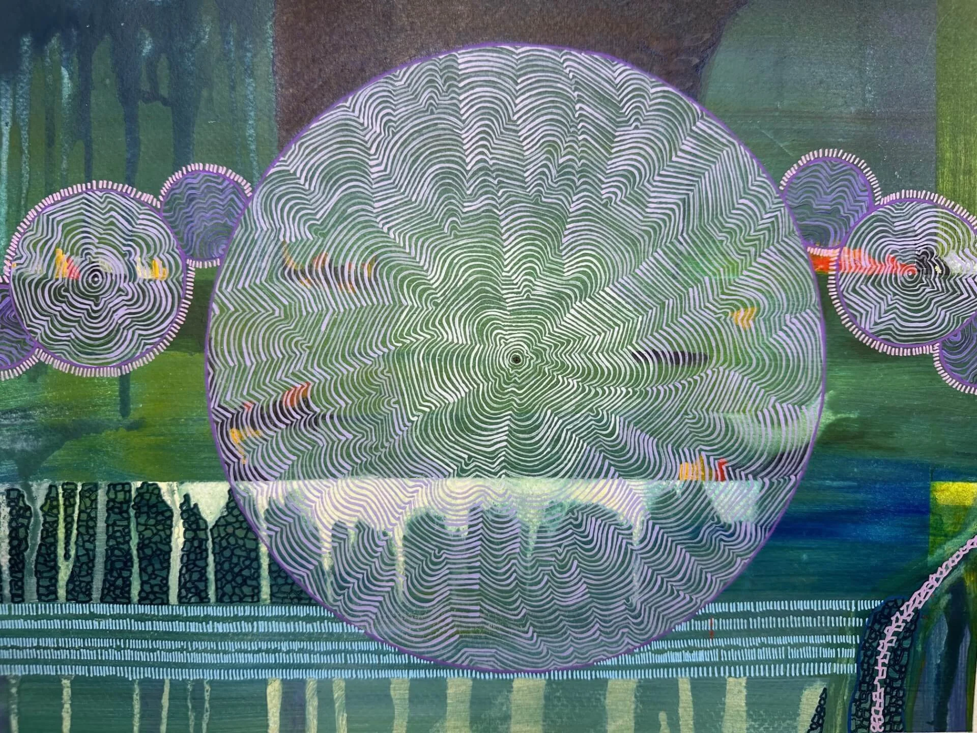 Abstract synaesthesia painting by Australian artist Tanja Ackerman, featuring a large central circular form made of fine concentric lines, surrounded by smaller patterned circles over layered green, teal, and blue textures, inspired by the rhythmic p