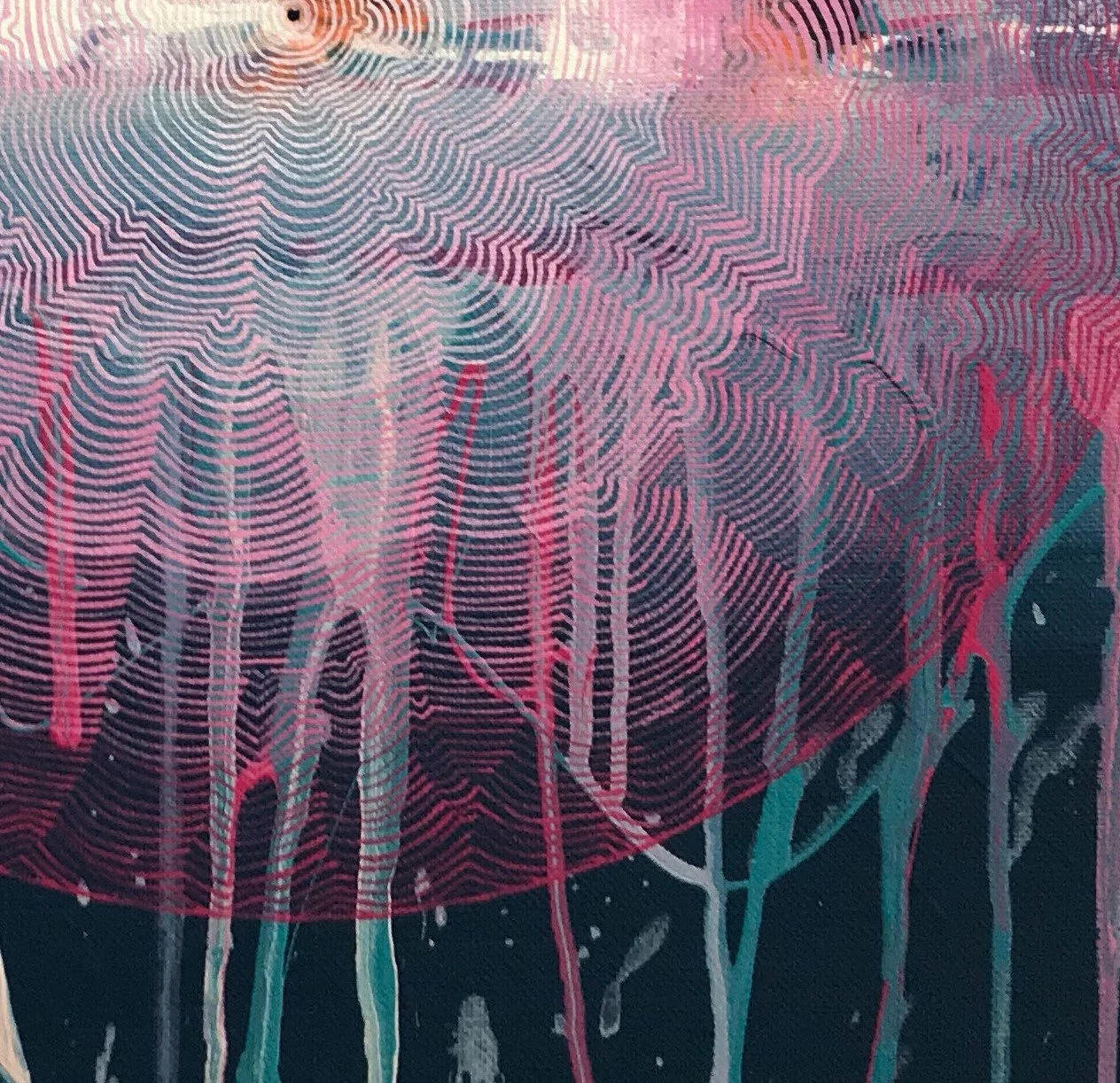 Close-up of a colourful, abstract painting resembling a jellyfish with intricate line patterns and drips of paint by syanesthesia artist tanja ackerman.