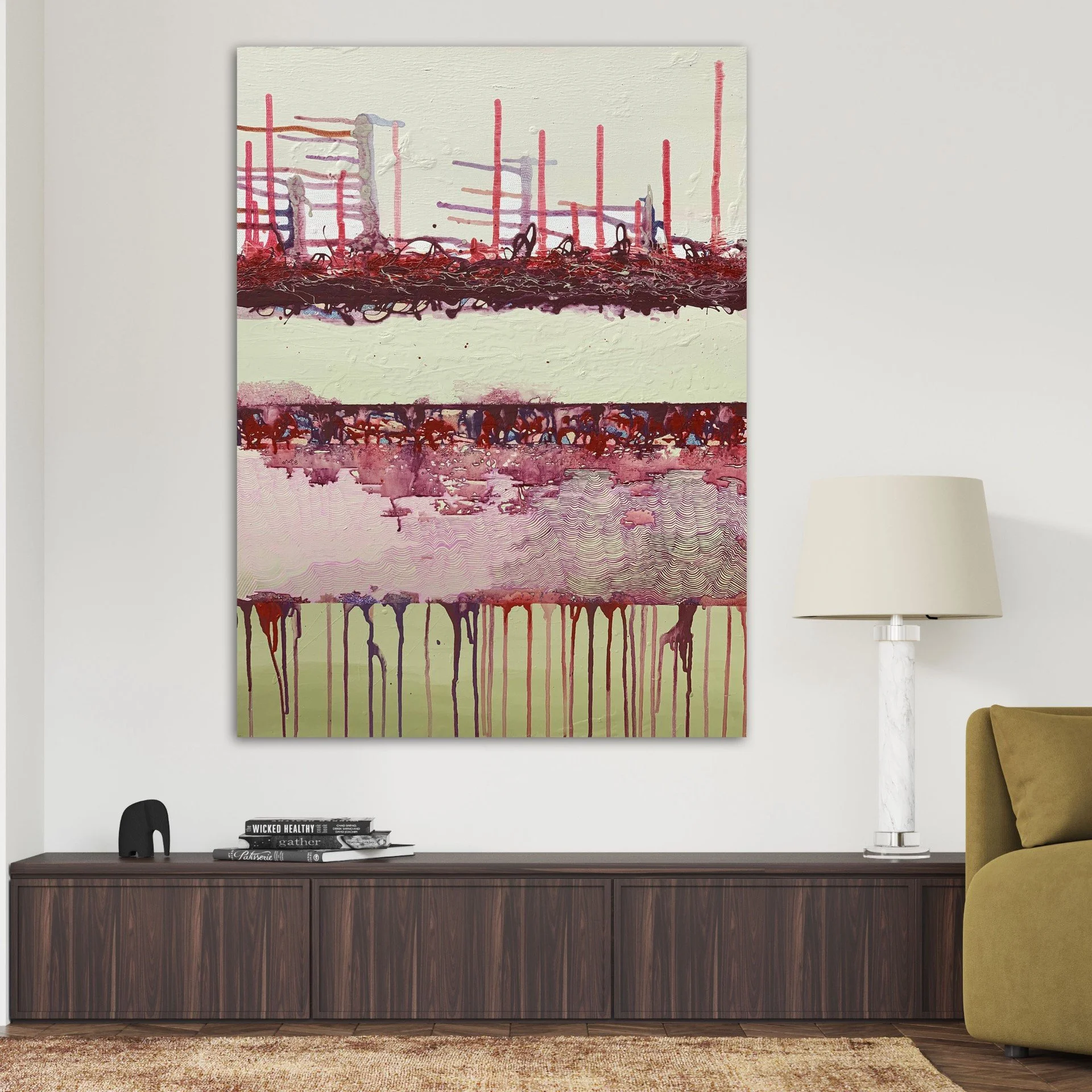 Abstract painting by Tanja Ackerman featuring layered red, purple, and white textures with vertical drips and linear upward strokes, inspired by synaesthetic colour and movement