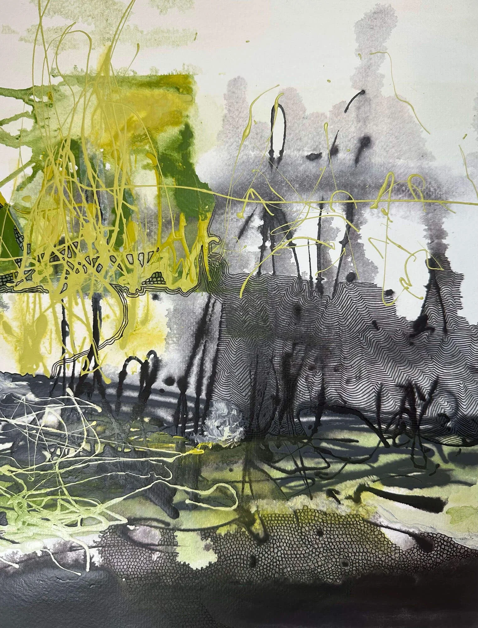 Piano inspired synaesthesia artwork by Tanja Ackerman with green, white and black flowing, emotional movement.