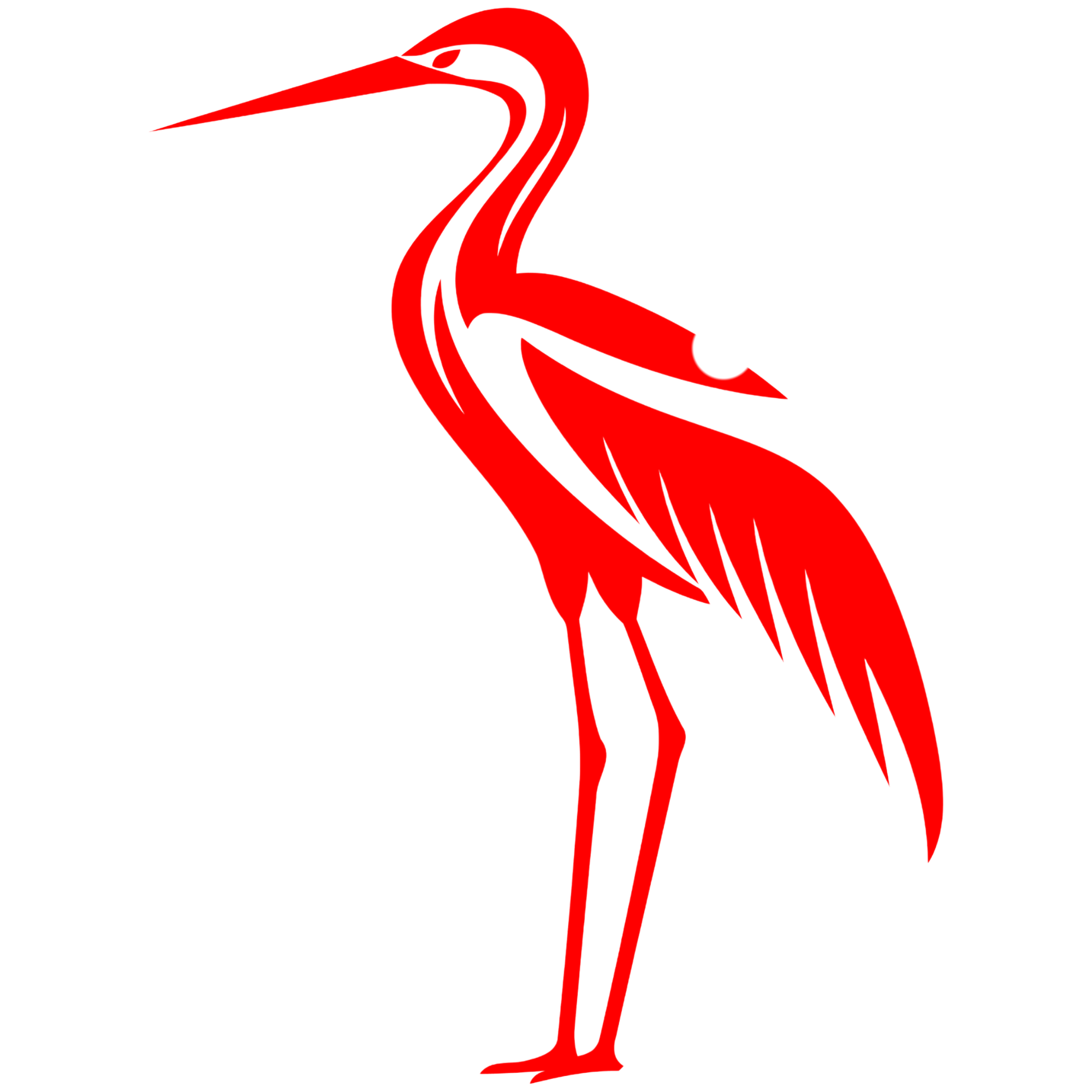 Stylized illustration of a red heron standing on one leg.