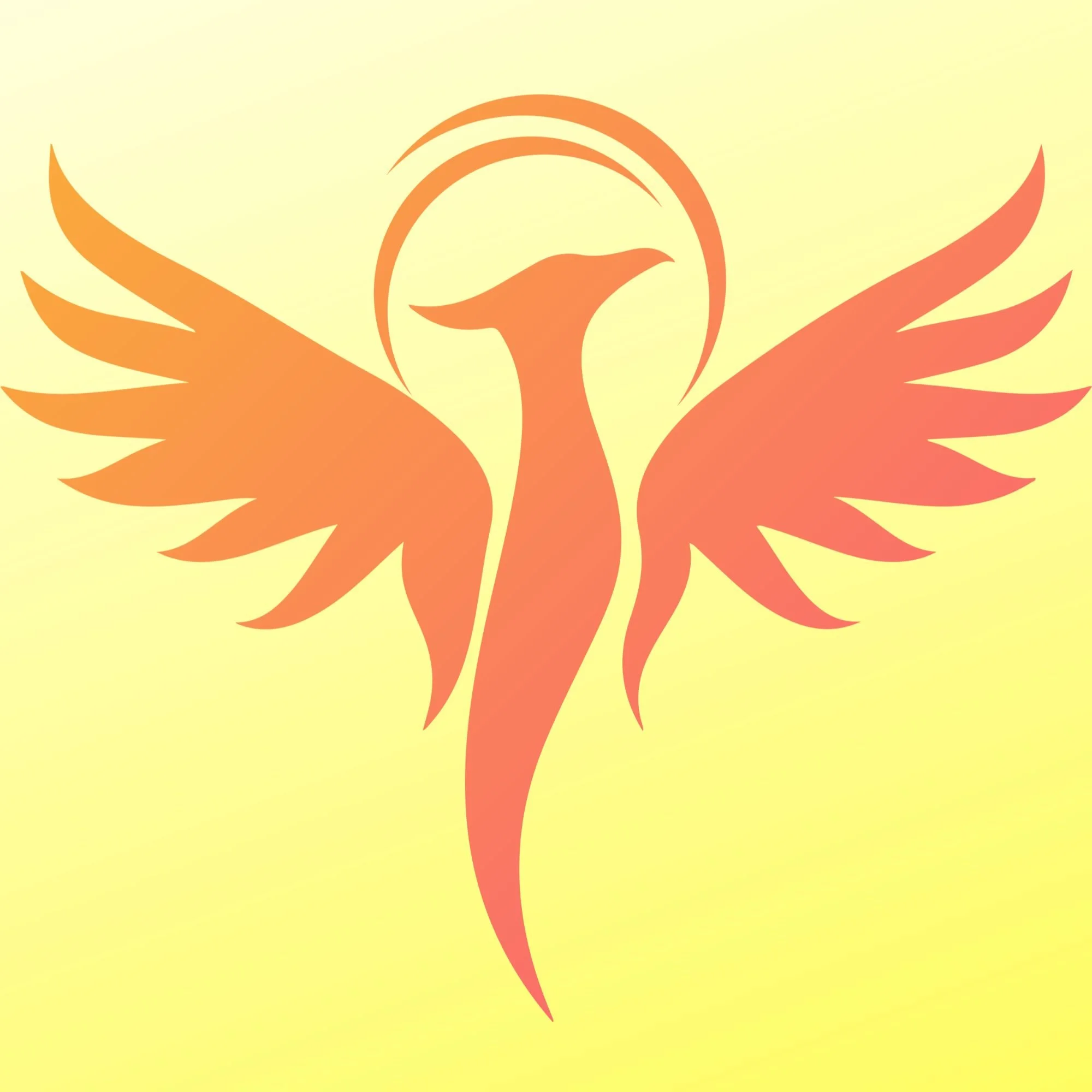 Stylized phoenix with wings spread, in orange and pink tones, on a yellow background.