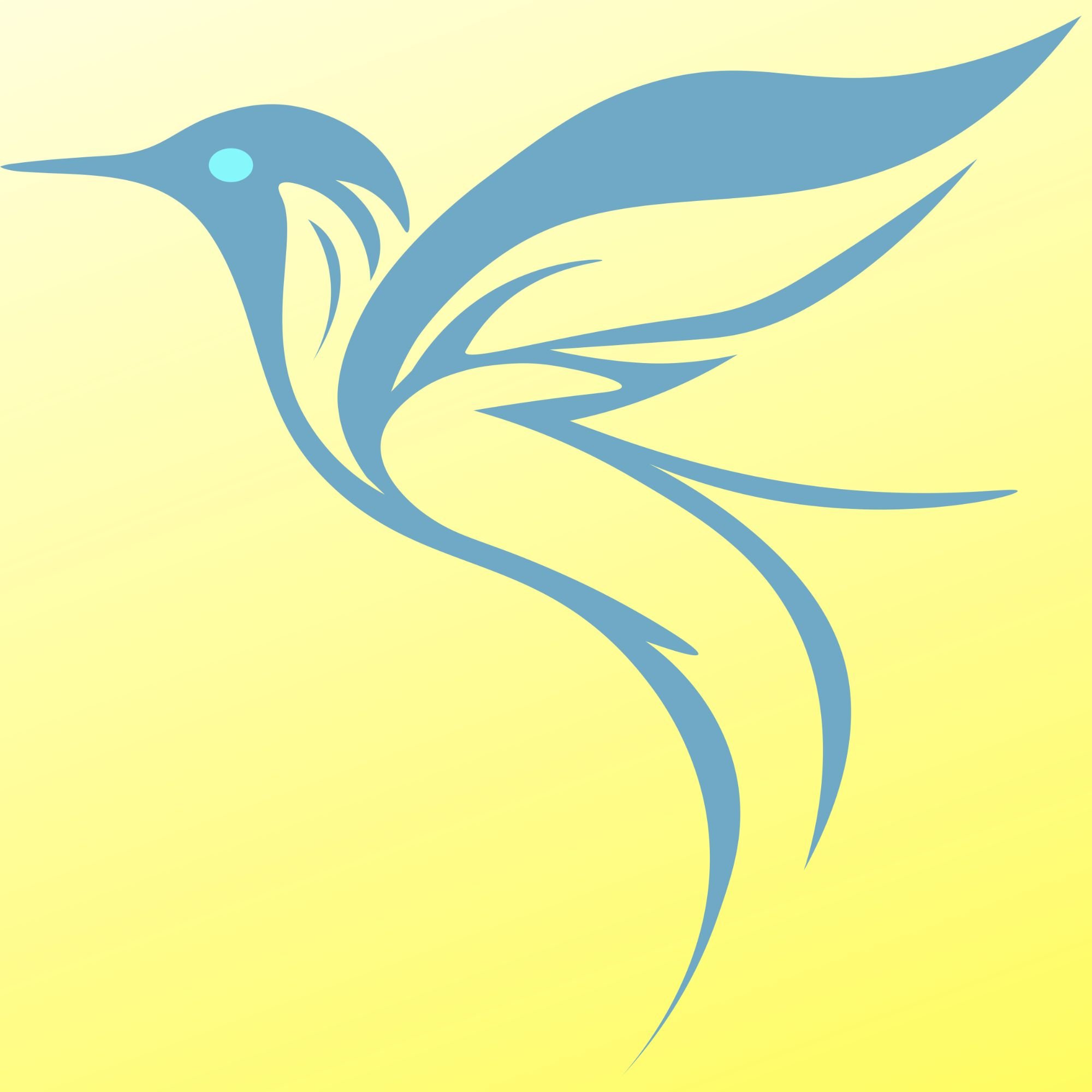 Stylized blue hummingbird with elongated wings on a yellow background.