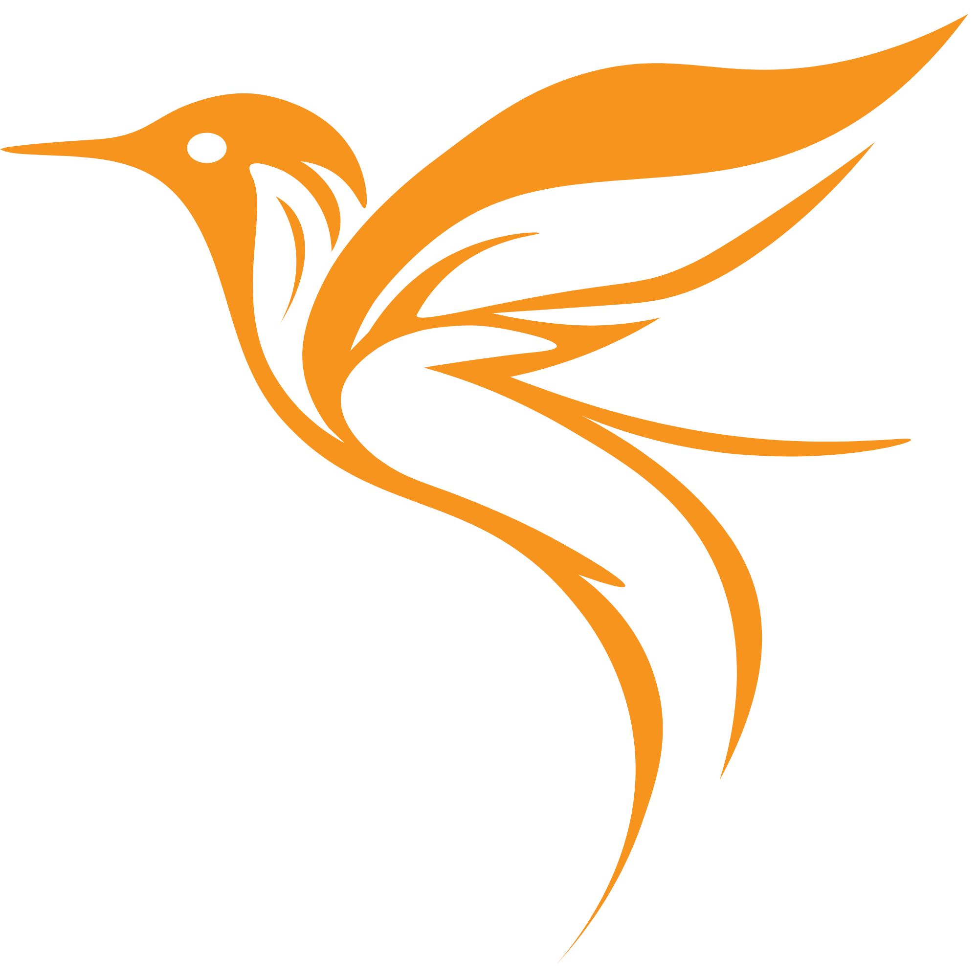 Stylized orange hummingbird with black accents on a black background.