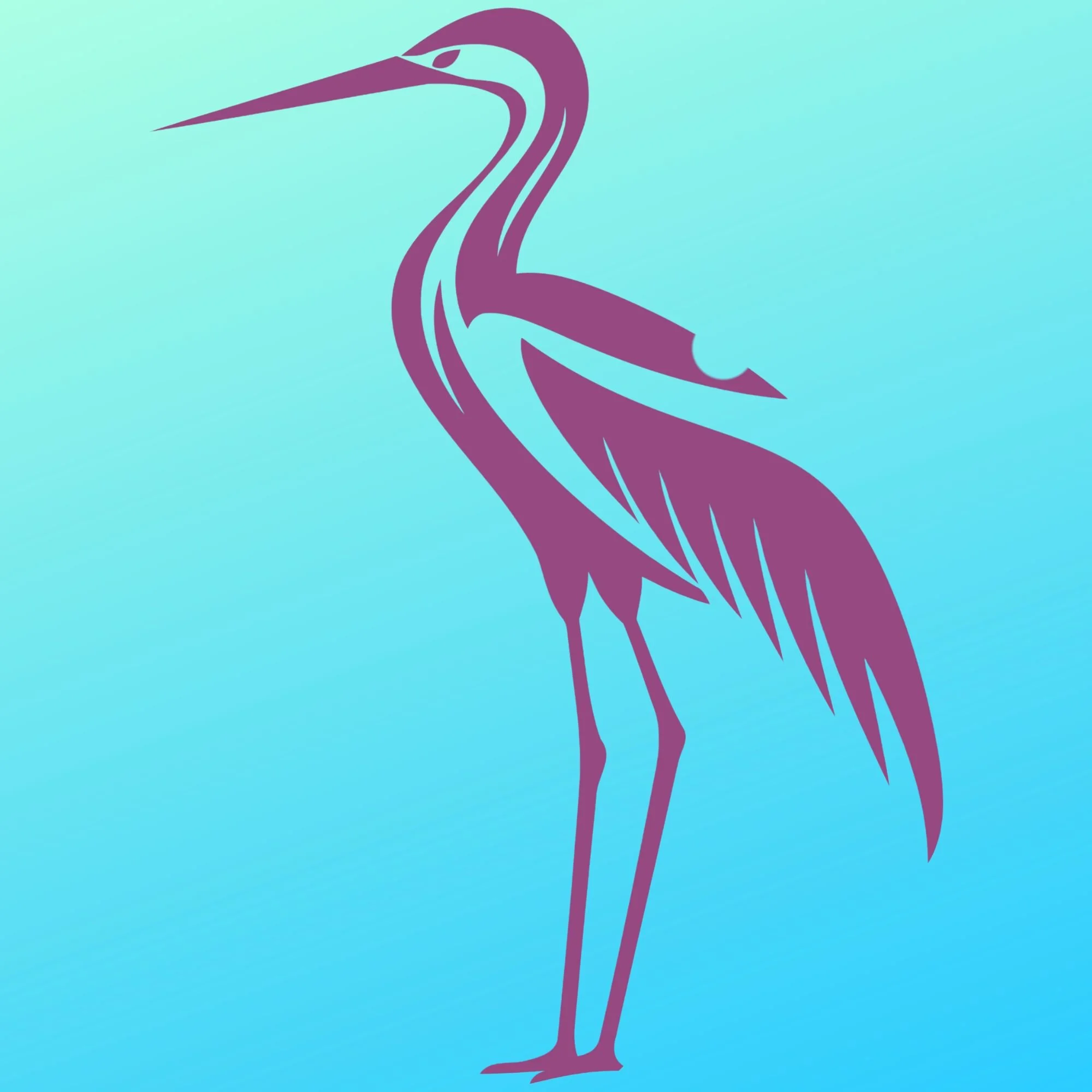 Stylized purple heron illustration on a gradient light blue background.