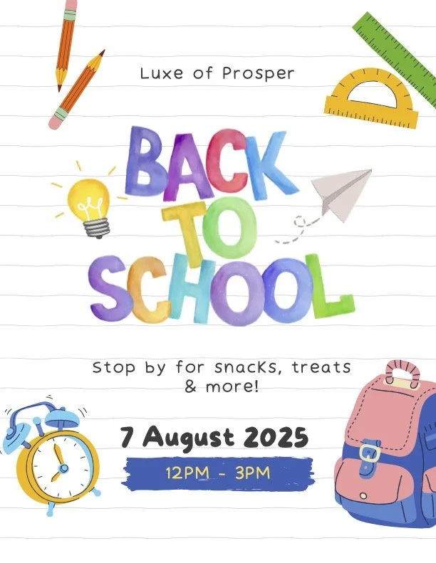 Colorful back-to-school event flyer featuring school supplies like pencils, rulers, backpack, paper airplane, and alarm clock with event details including date, time, and invites to stop by for snacks and treats.