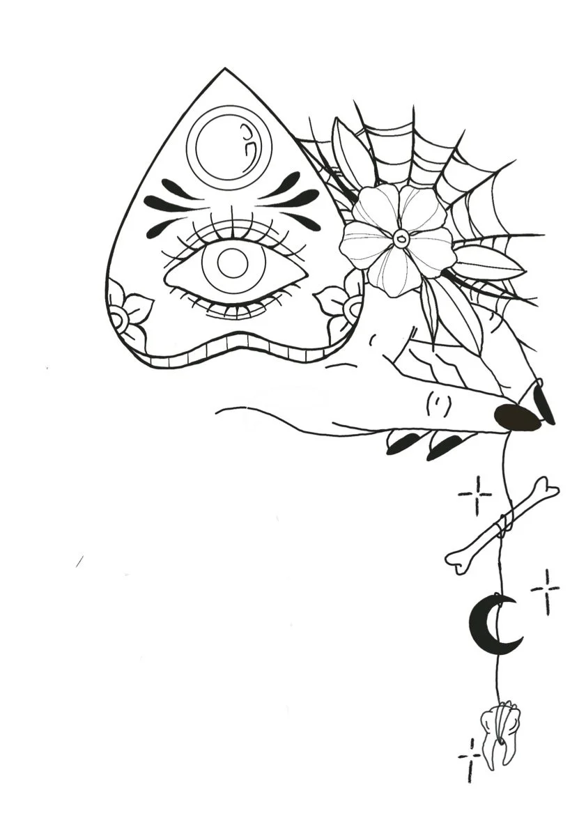 Line drawing of a hand holding a pencil, drawing a design featuring an eye with a third eye on a droplet-shaped face, surrounded by flowers and a spider web, with hanging moon, bones, and stars.