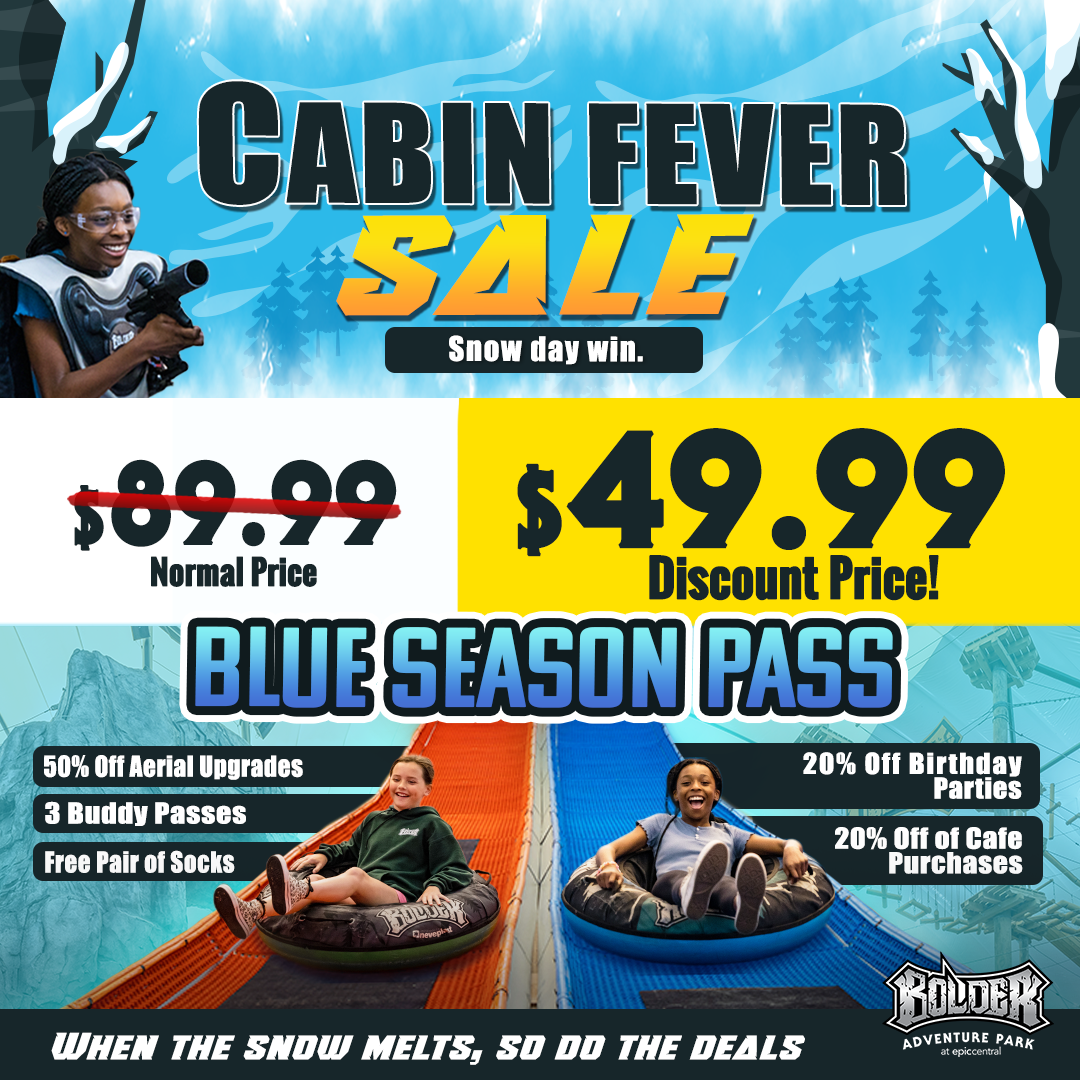 A colorful advertisement for a cabin fever sale at a ski resort featuring snow, trees, and people enjoying snow activities, with discounts on passes and upgrades.