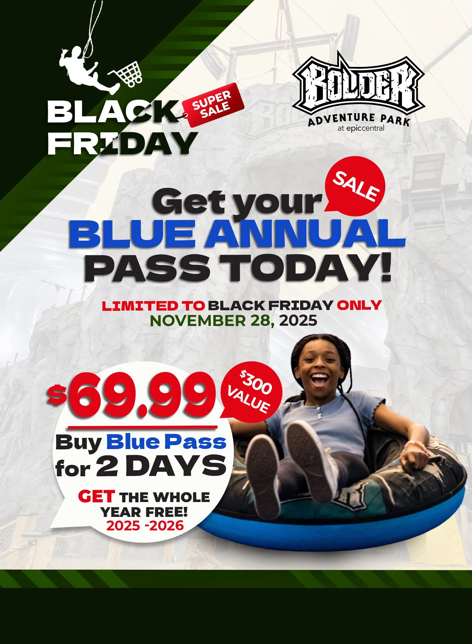 Announcement for a Black Friday sale at Boulder Adventure Park, featuring a special one-day offer for a Blue Annual Pass for $69.99, valid on November 28, 2025, including free renewal for the following year. The poster has a background image of an in