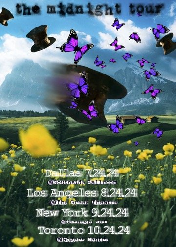 Promotional poster for The Midnight Tour with butterflies and top hats flying over a green field, listing tour dates in Los Angeles, New York, and Toronto in 2024.