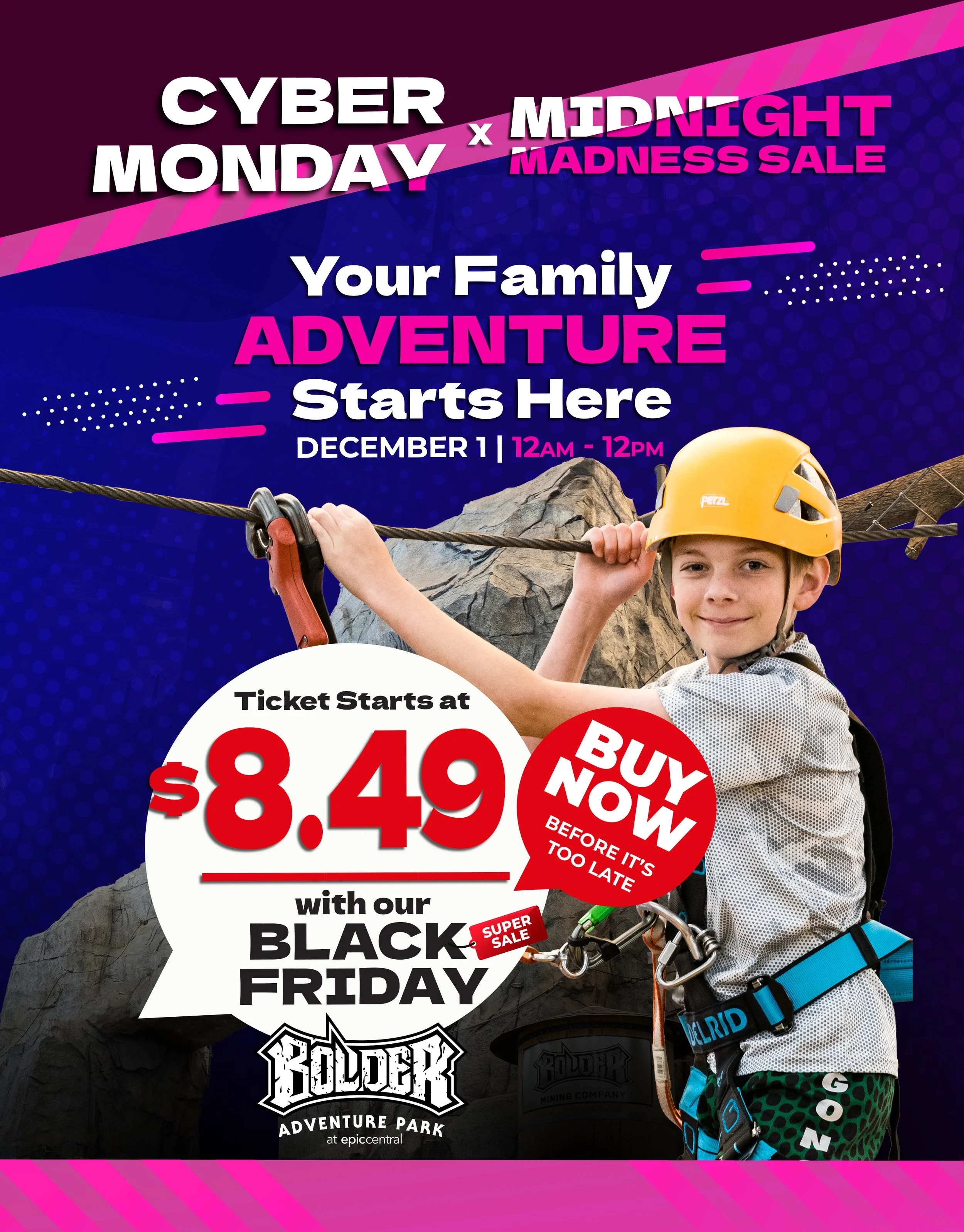 A promotional poster for Boulder Adventure Park's Cyber Monday and Midnight Madness Sale featuring a young boy in safety gear climbing a rock wall.