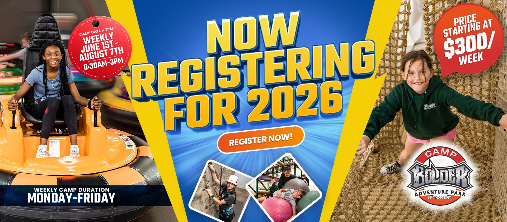 Children enjoying activities at a summer camp, including riding bumper cars and playing indoor games, with promotional text for registration for 2024 camp at Adventure Park.