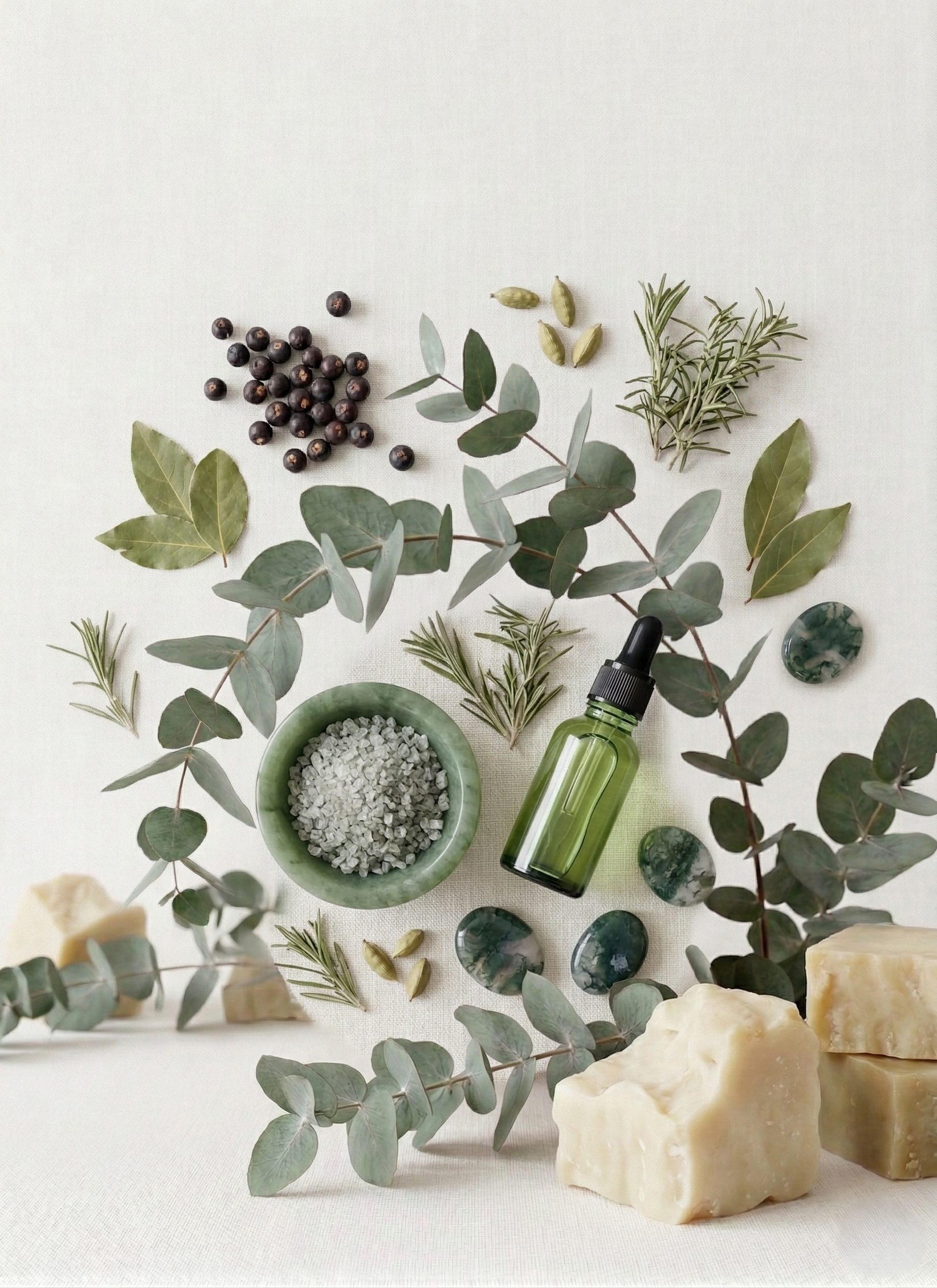 A flat lay arrangement of natural ingredients and skincare products, including eucalyptus leaves, rosemary sprigs, sea salt in a green bowl, a green glass dropper bottle, black peppercorns, green cardamom pods, marbled green stones, and chunks of soap, on a light background.