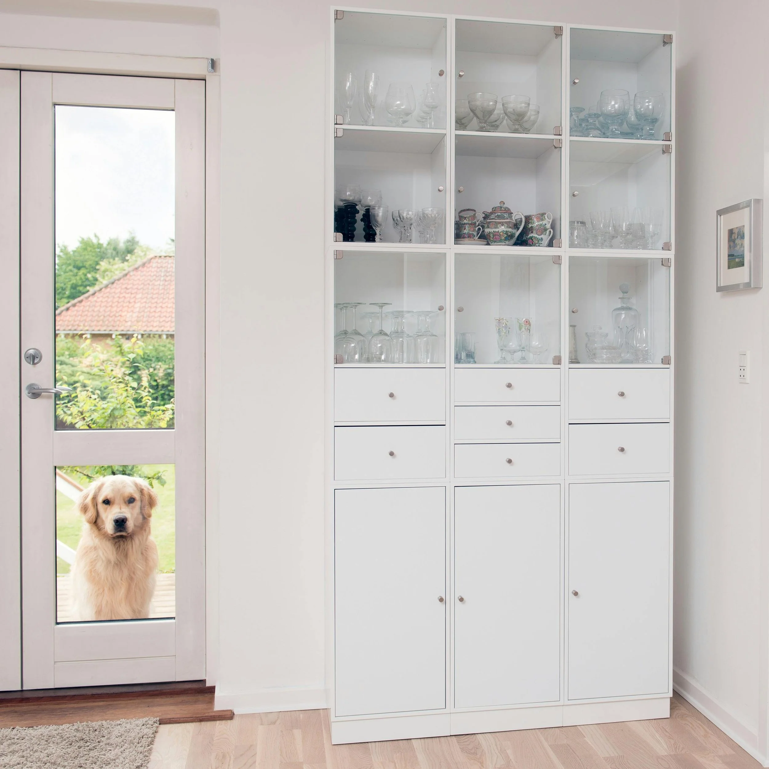 A white cabinet with glass doors displaying glassware, next to a door with a golden retriever looking inside.