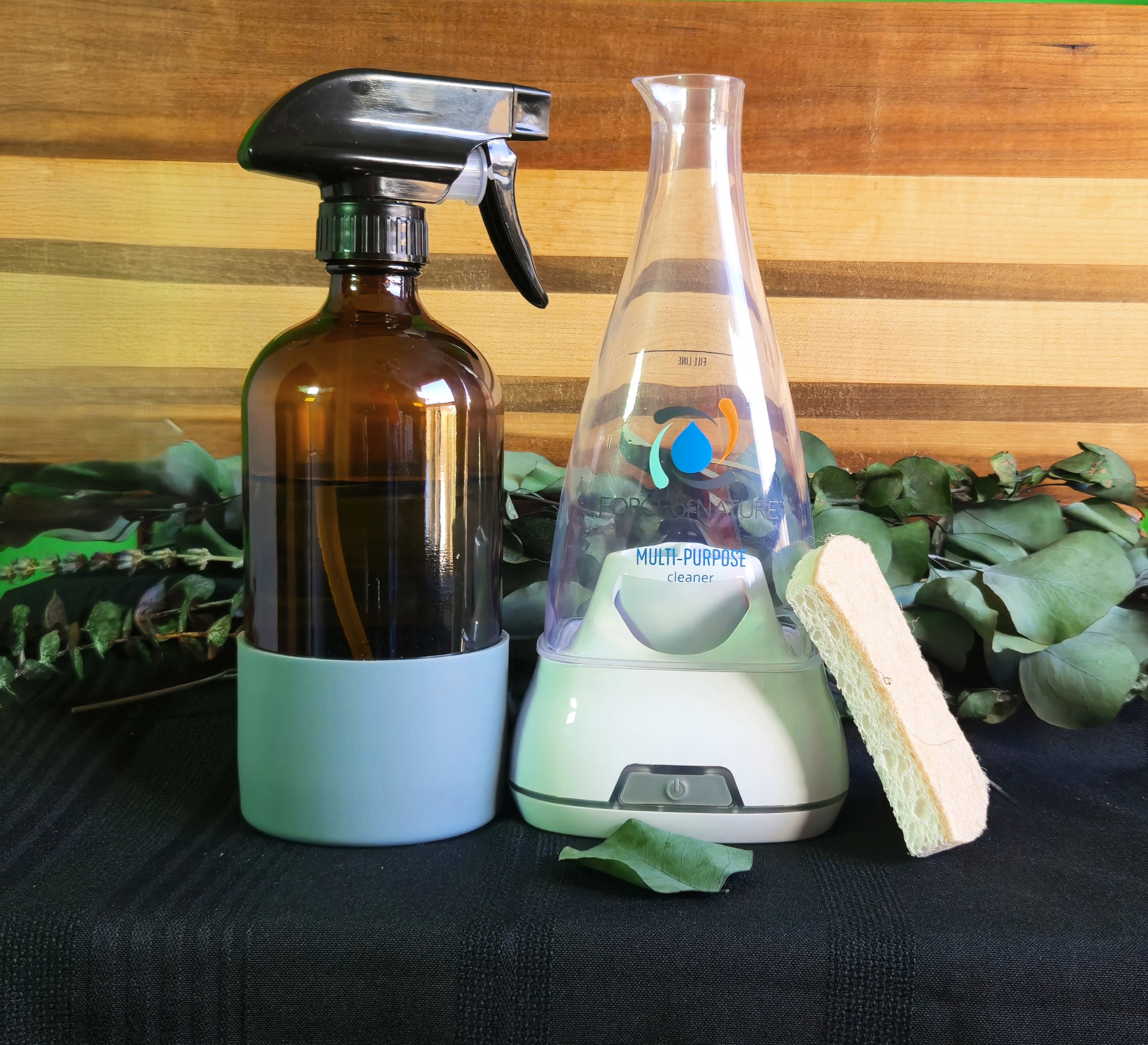A spray bottle, a multi-purpose cleaner, and a sponge on a black surface with green leaves and a wooden background.