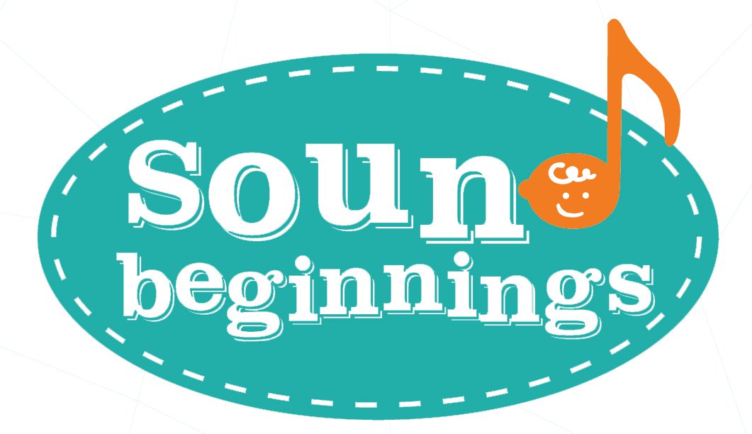 Illustration with the phrase 'sound beginnings' inside an oval shape, featuring a smiling face on an orange musical note.
