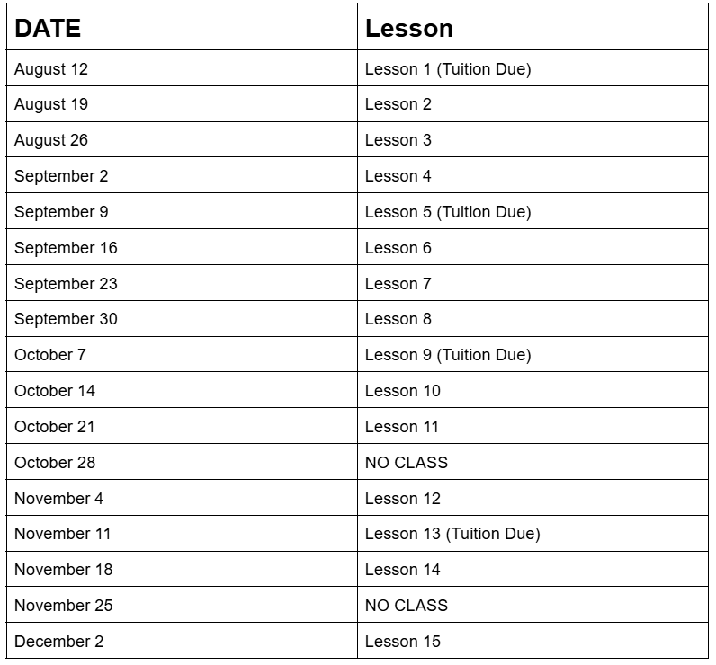 A school schedule chart displaying dates from August 12 to December 2 with corresponding lessons numbered 1 through 15, including marked tuition due and no class days.