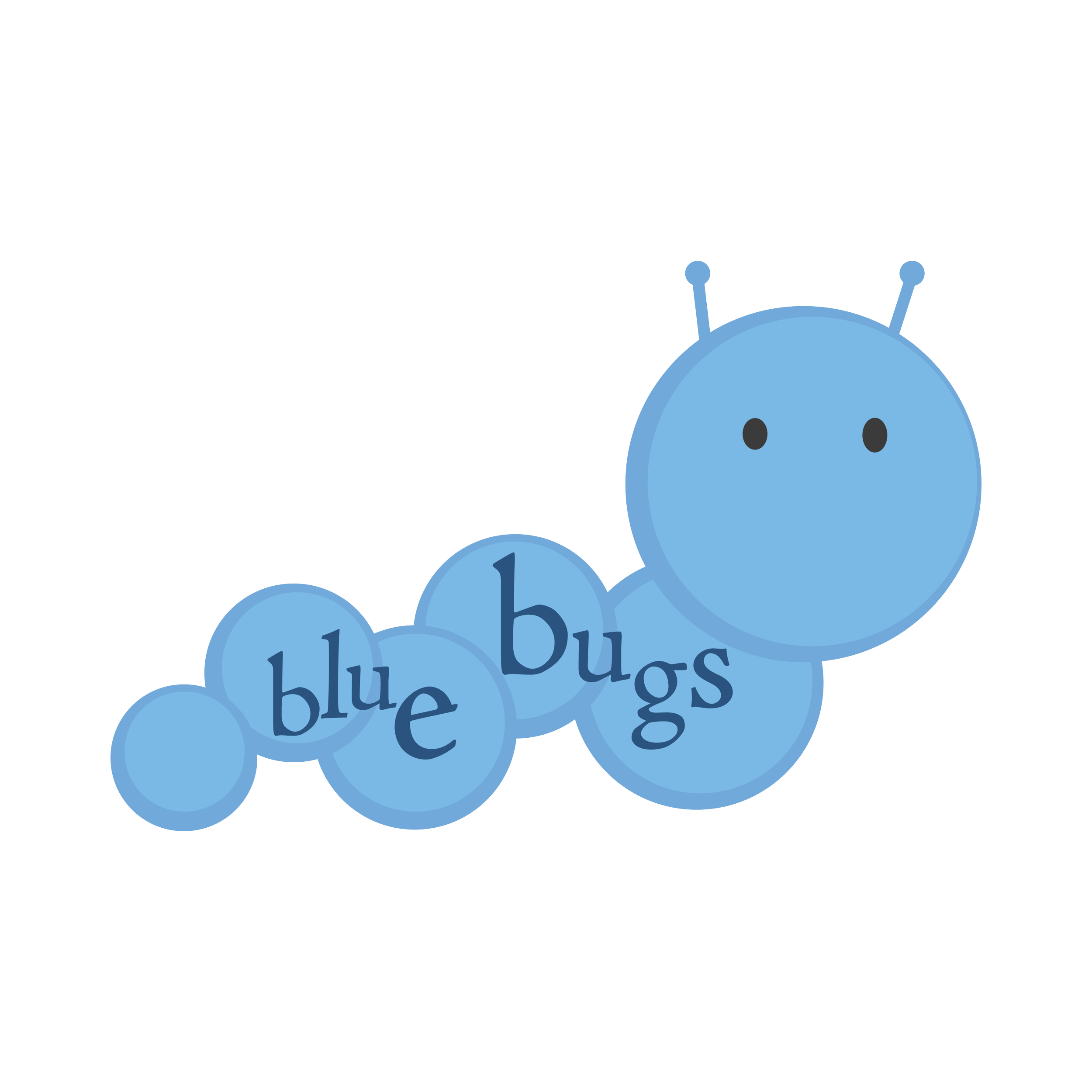 A cartoon illustration of a blue, round-headed bug with antennae, sitting on a bed, with the words 'blue bugs' written inside multiple blue circles.