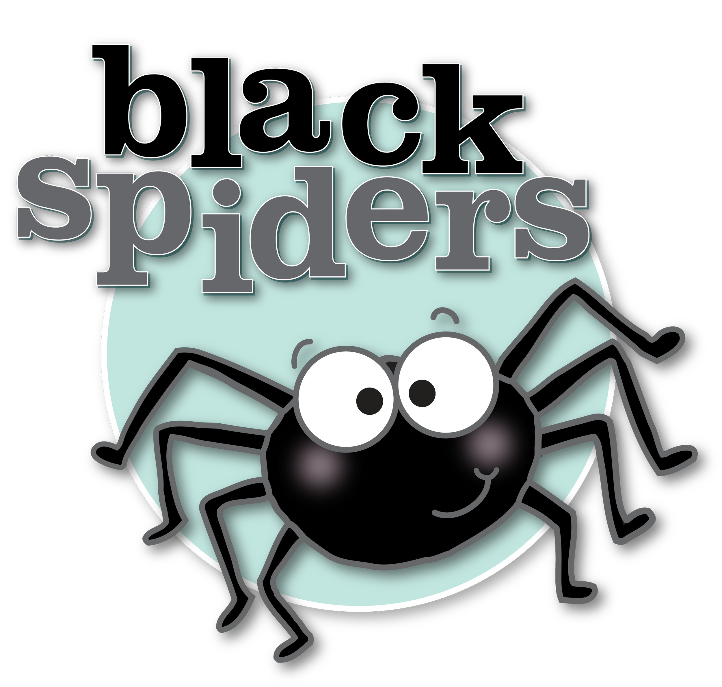 Cartoon of a black spider with big white eyes and a smiling face, with the text 'black spiders' above it.