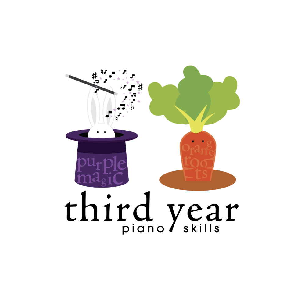 A cartoon illustration of a magic trick with a rabbit in a purple top hat and a smiling carrot with green leaves emerging from its top. The top hat has the words 'purple magic,' and the carrot has the words 'orange roots.'