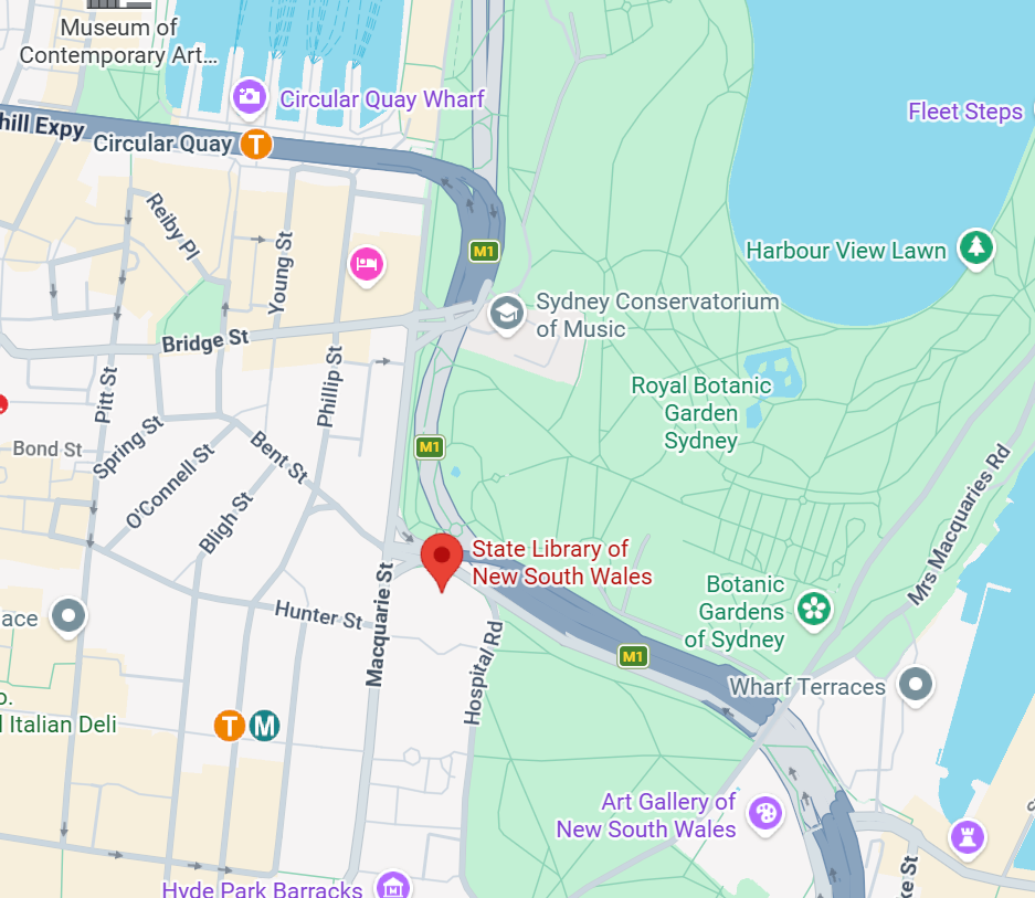 Map showing the location of the State Library of New South Wales near the Royal Botanic Garden Sydney and the Sydney Conservatorium of Music in Australia, with nearby streets, parks, and landmarks.