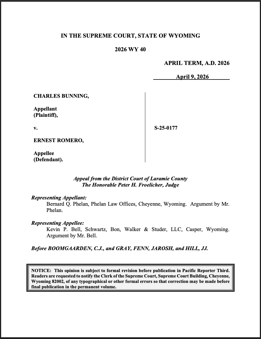 Legal document titled 'In the Supreme Court, State of Wyoming' with case details, involved parties, and a notice about formal revisions before publication.