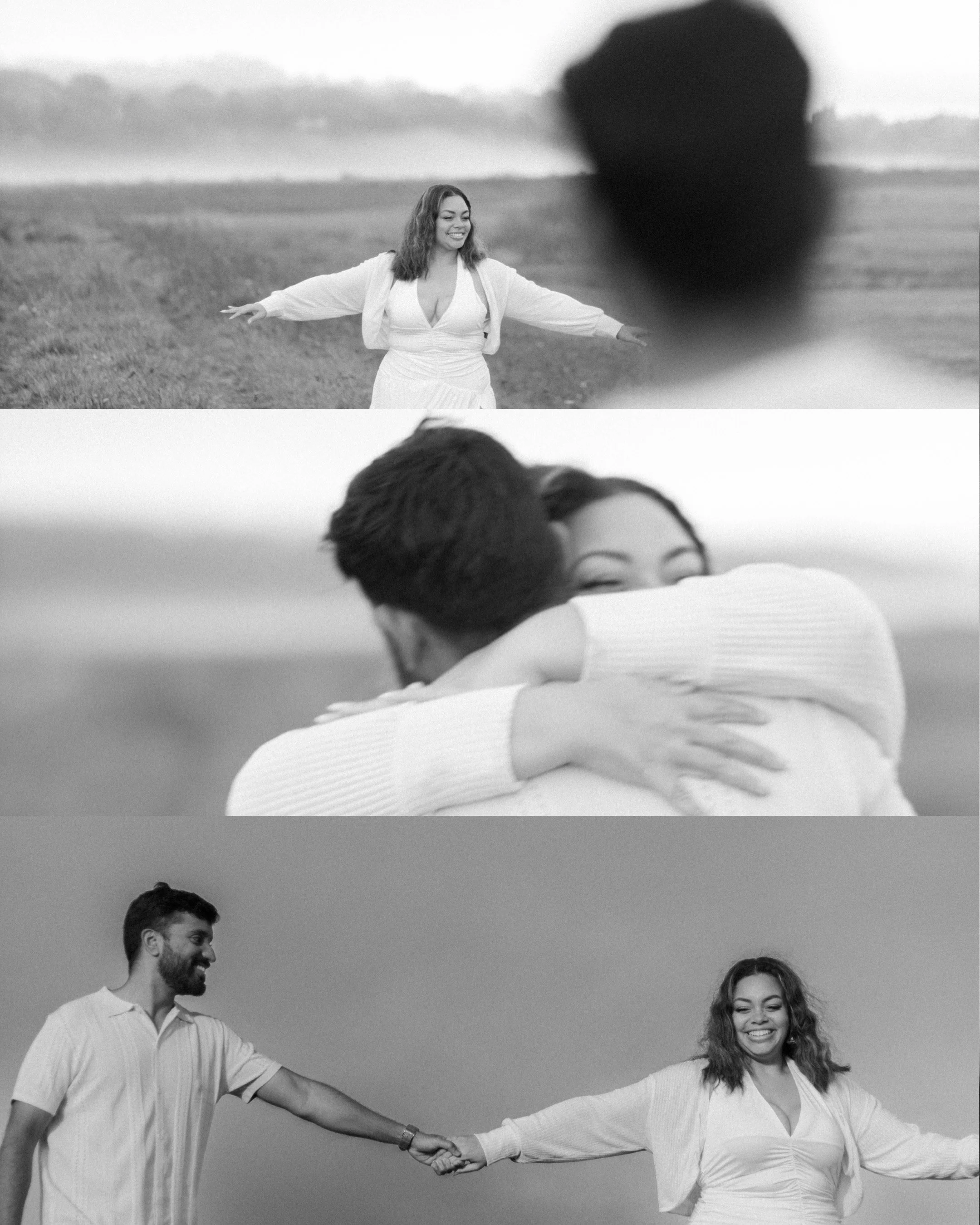 A collage of three black and white photographs showing a woman and a man. In the first photo, the woman is standing in a field with her arms outstretched, smiling at the camera. In the second photo, the woman and man are hugging, with the woman smili
