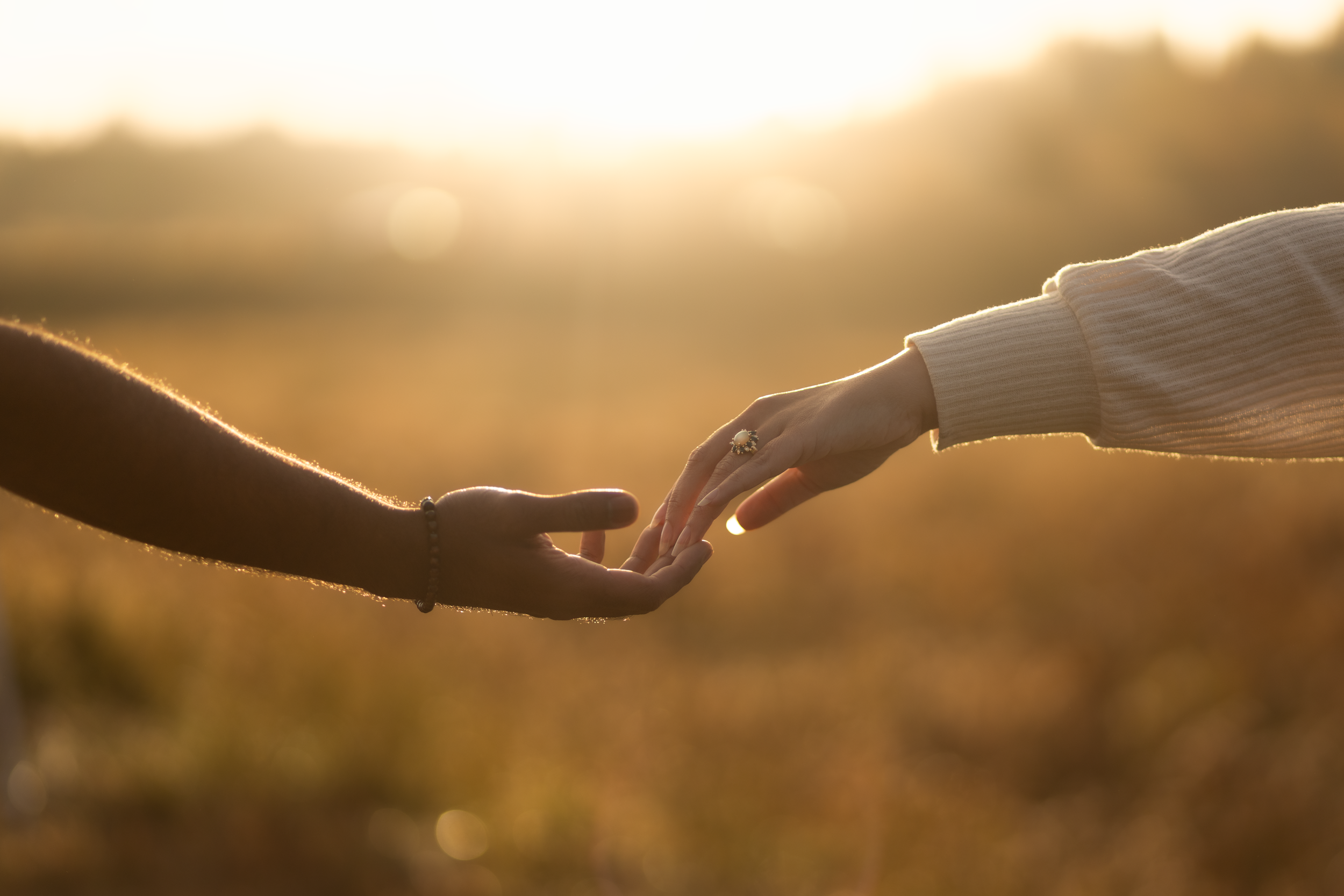 Two people holding hands outdoors during sunset, with a blurred landscape in the background.